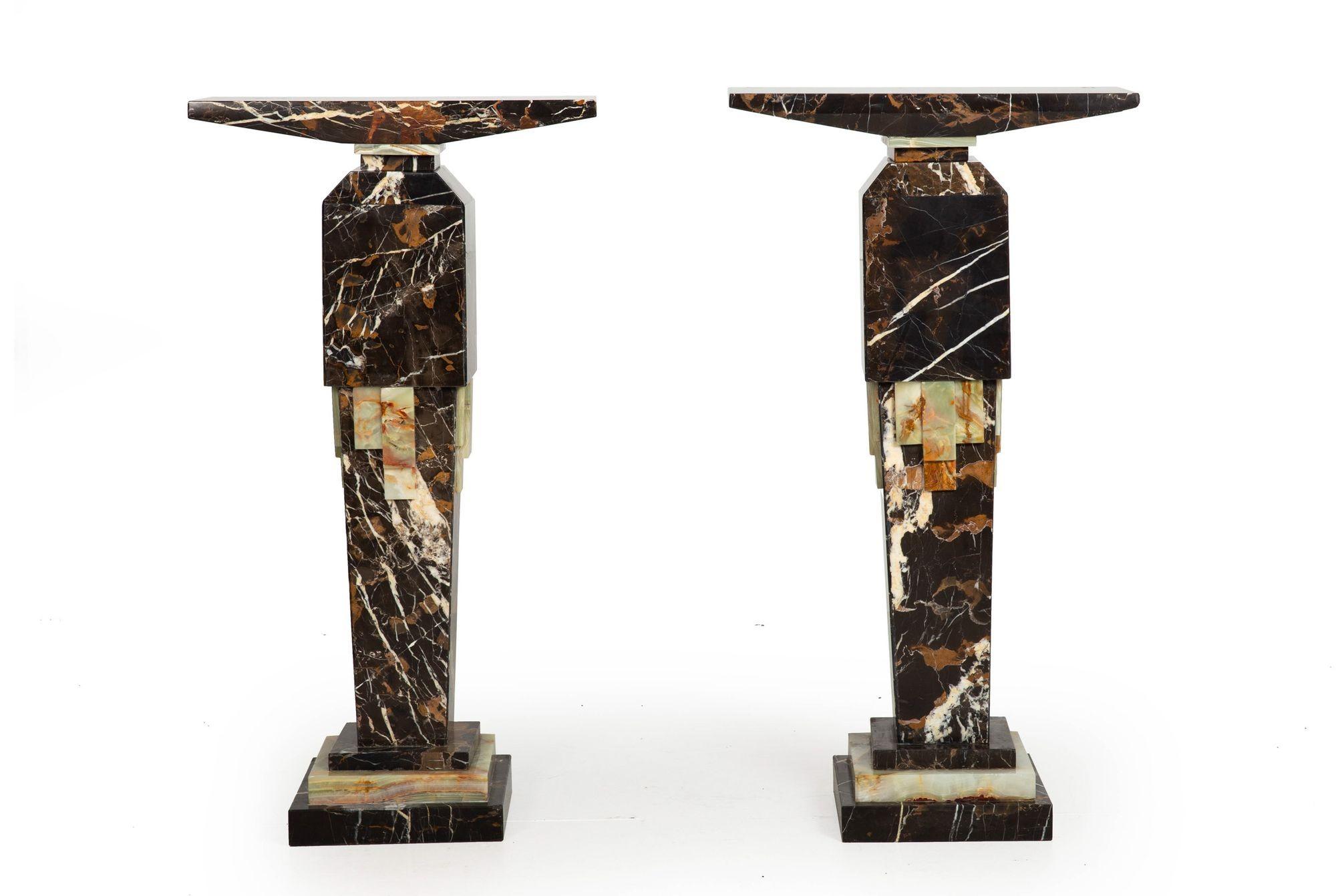 20th Century Pair of Art Deco Style Marble & Onyx Pedestals Columns with Bronze Panels For Sale