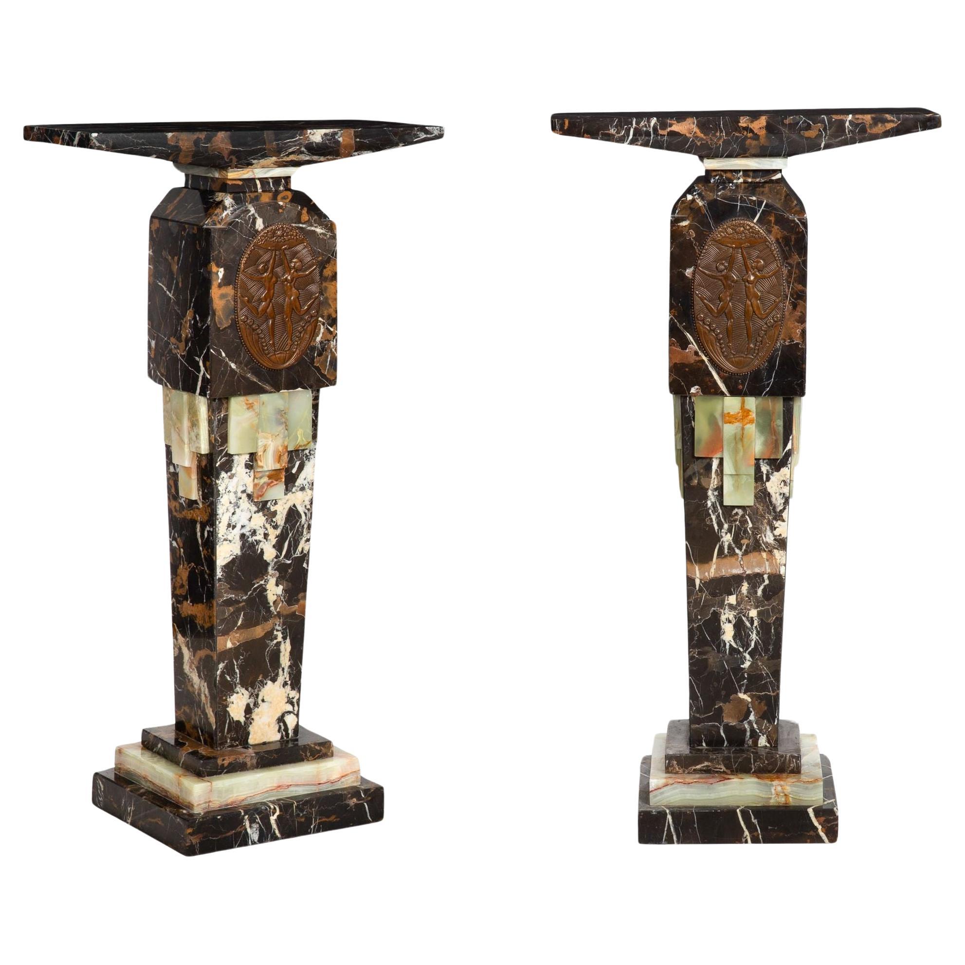 Pair of Art Deco Style Marble & Onyx Pedestals Columns with Bronze Panels For Sale