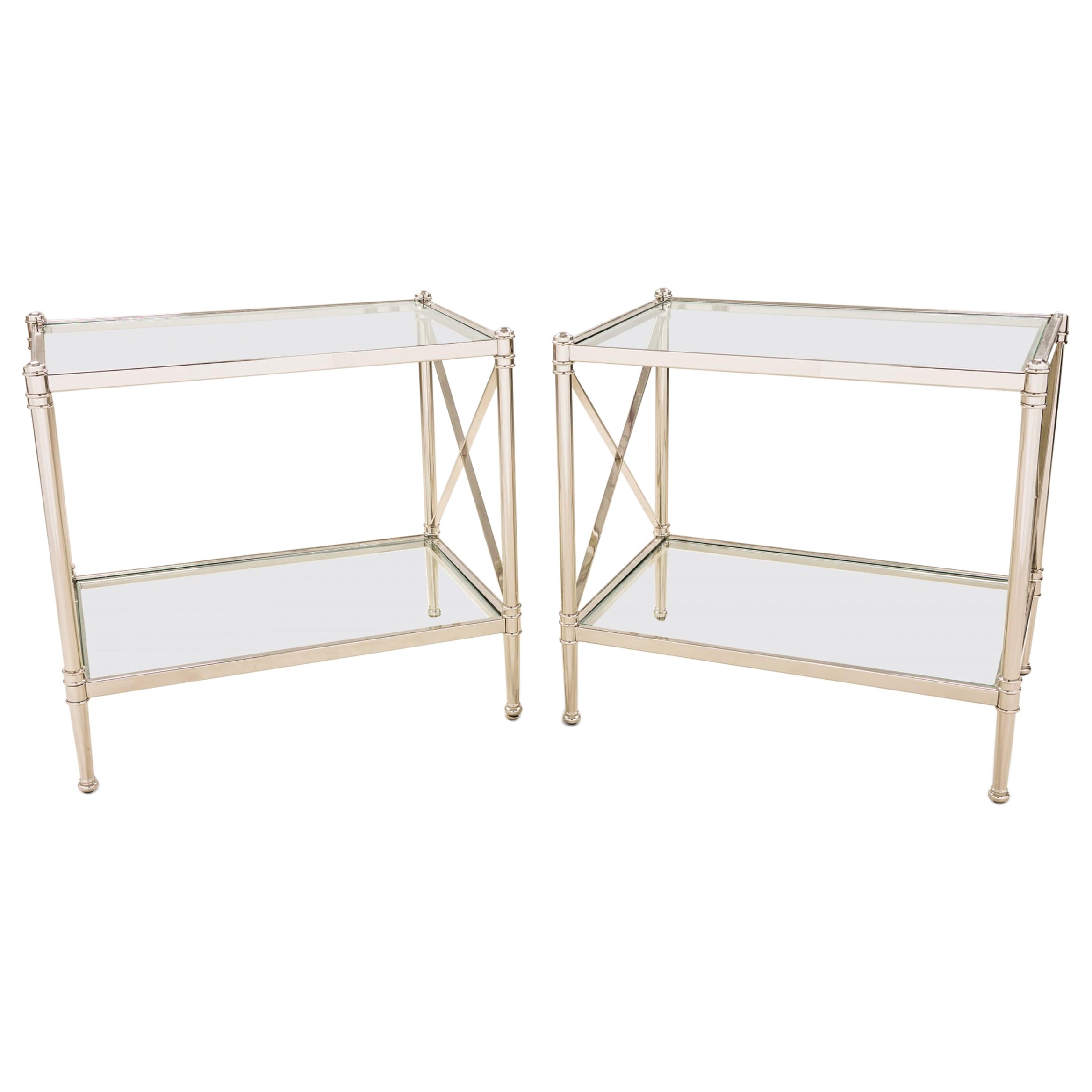 Pair of Art Deco Style Metal Rectangular End/Side Tables with Inlaid Glass Tops For Sale