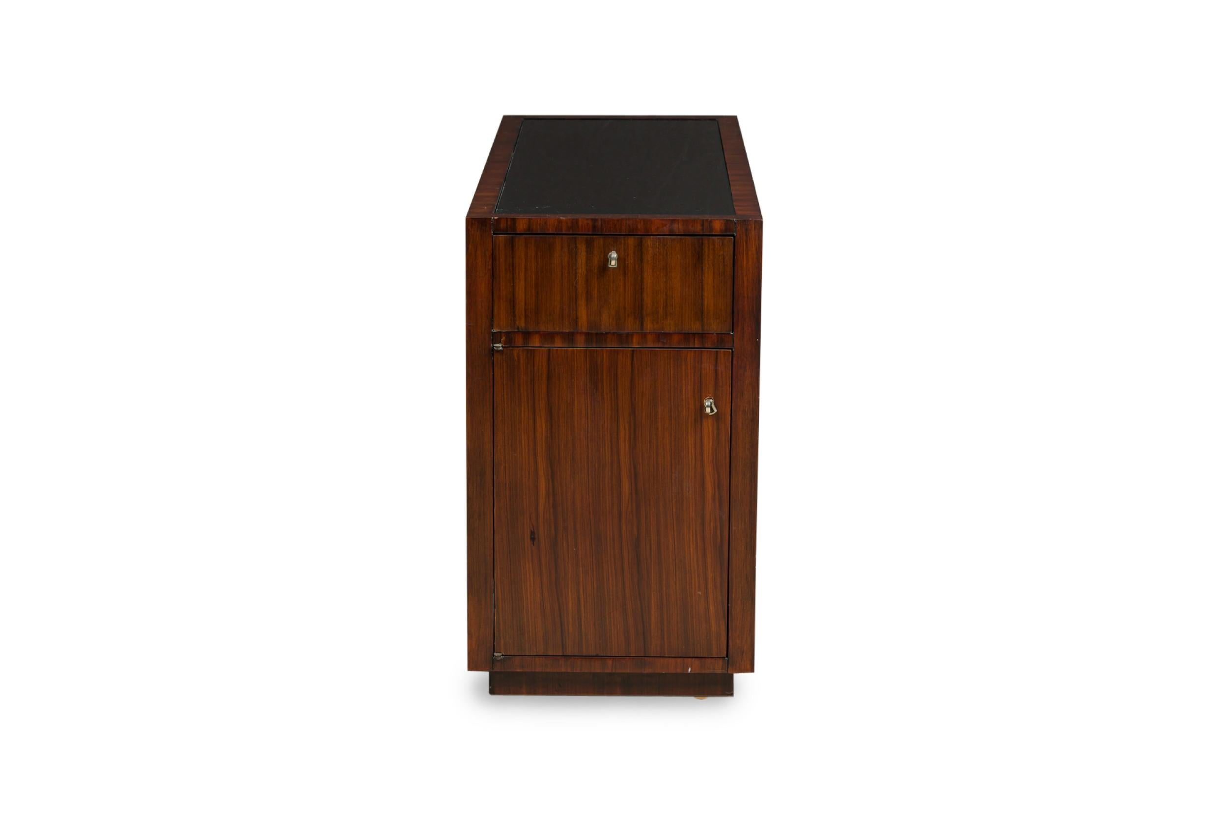 PAIR of Art Deco Style Mid-Century American ebony de macassar cabinets featuring an open front storage area with one shelf plus a pullout drawer and compartment on the left side. One cabinet has an inlaid glass top. (PRICED AS PAIR)
 

 1 glass top