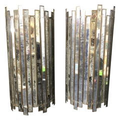 Pair of Art Deco Style Mirror and Brass Sconces from the 1970s