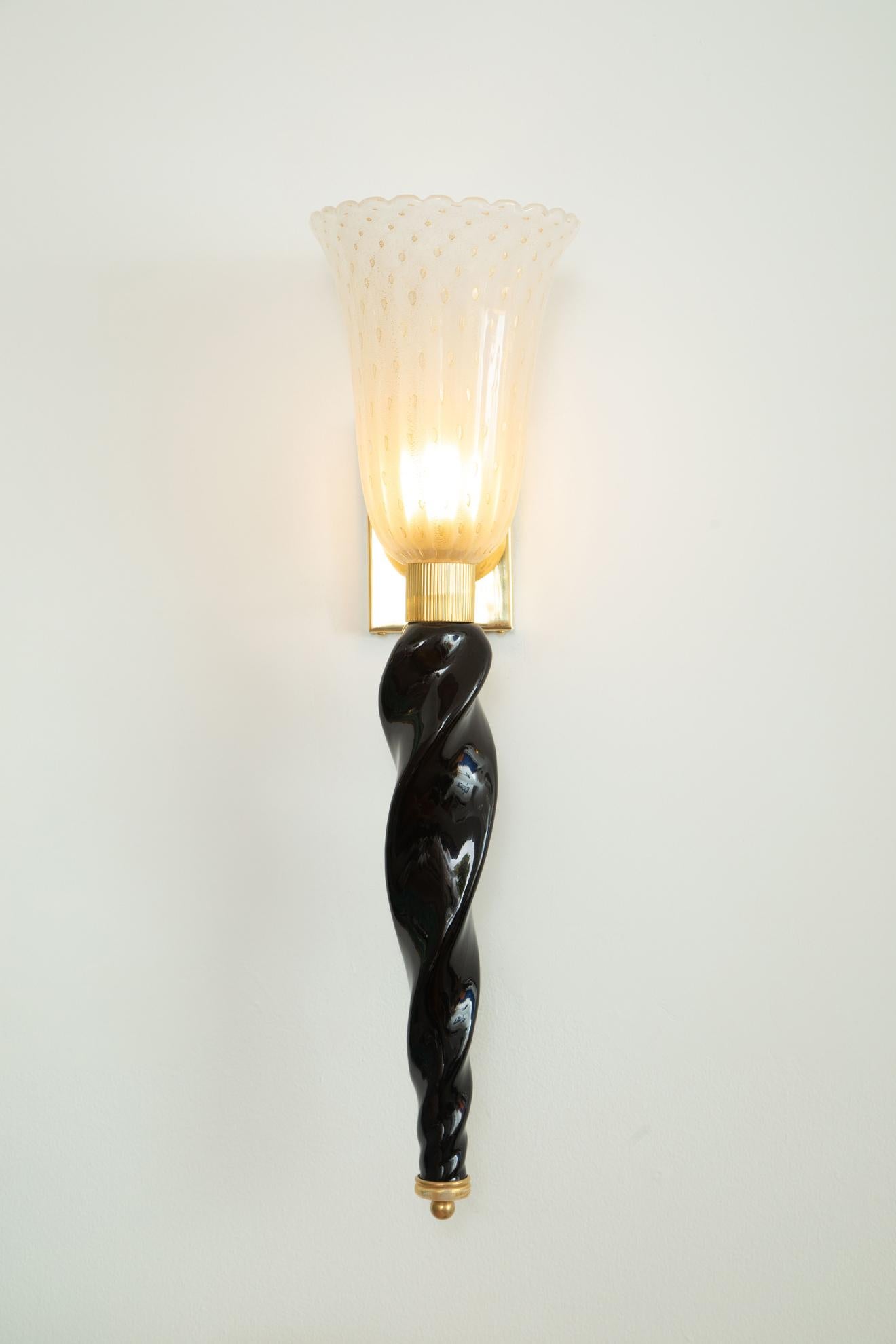 Pair of Art Deco Style Murano Black and Gold Glass Wall Lights, in Stock For Sale 7