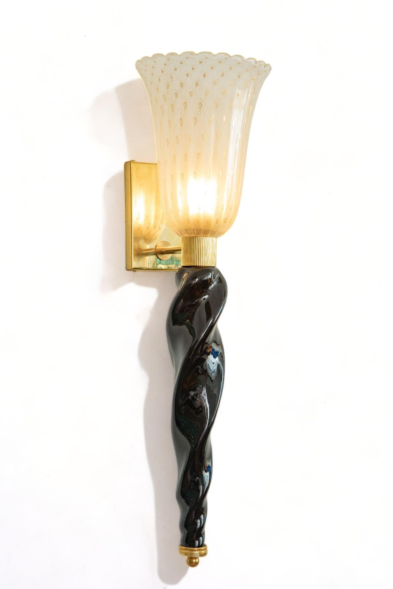 Pair of Art Deco Style Murano Black and Gold Glass Wall Lights, in Stock For Sale 8