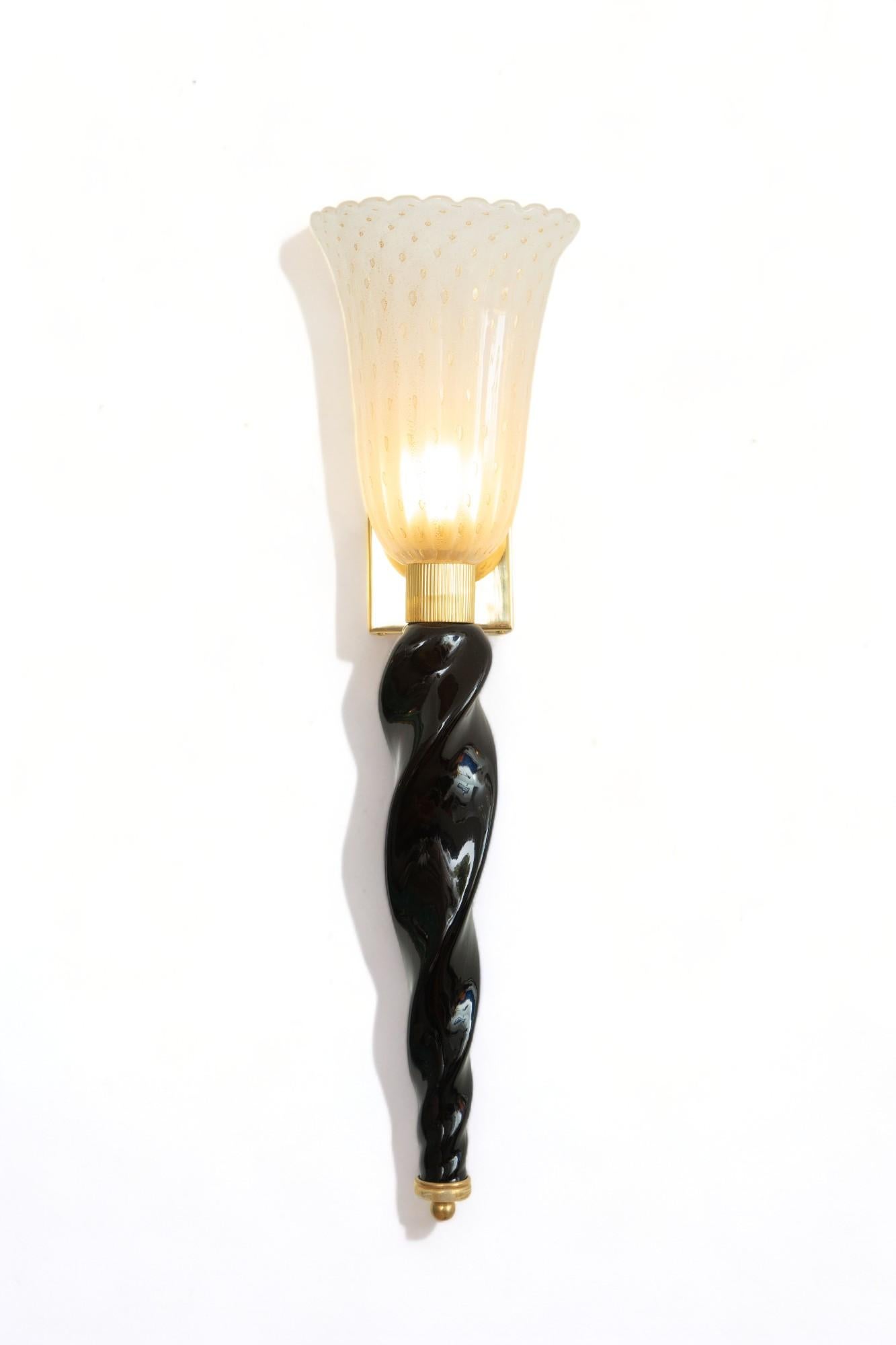 Pair of Art Deco Style Murano Black and Gold Glass Wall Lights, in Stock For Sale 9