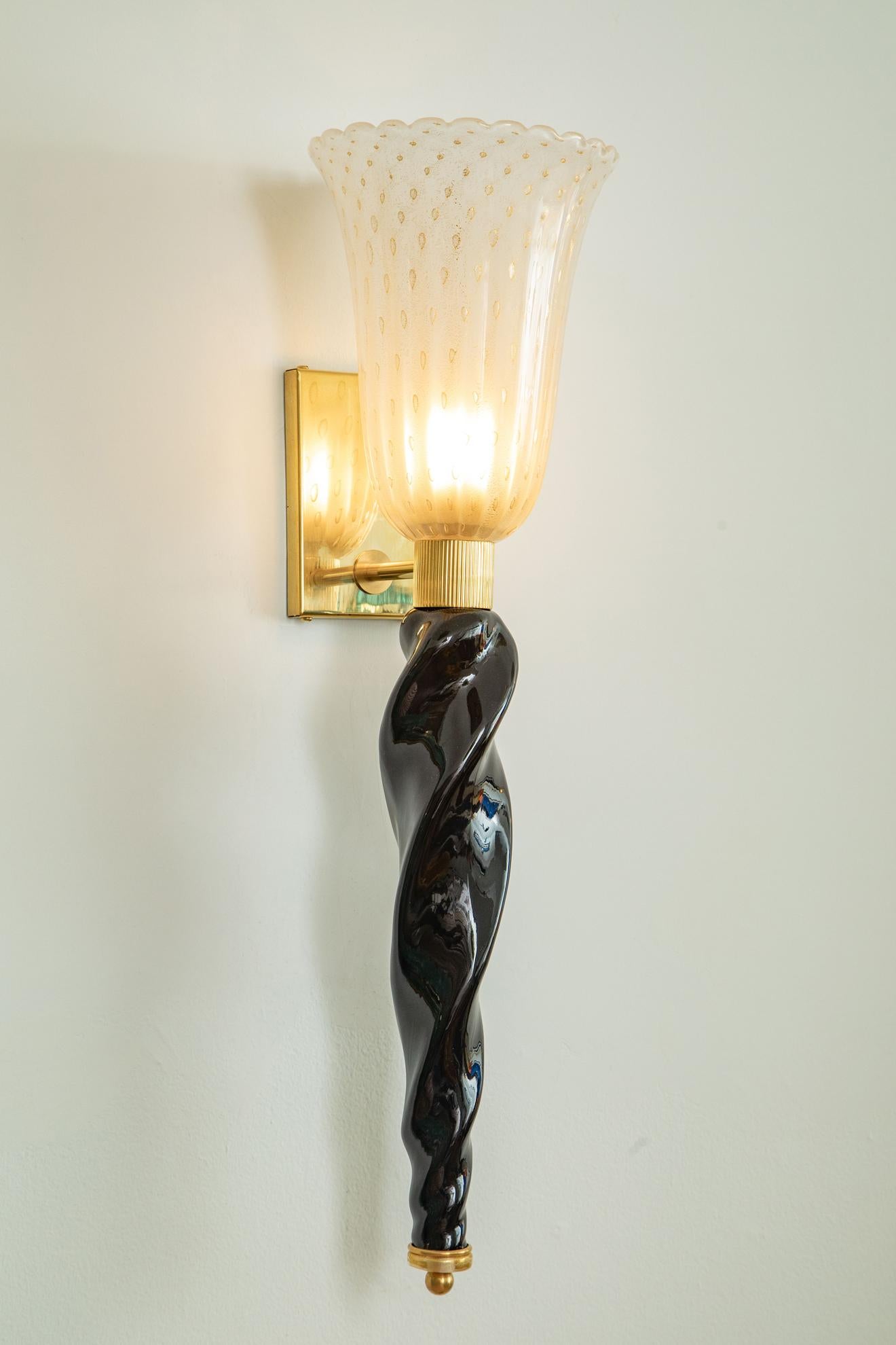 Italian Pair of Art Deco Style Murano Black and Gold Glass Wall Lights, in Stock For Sale