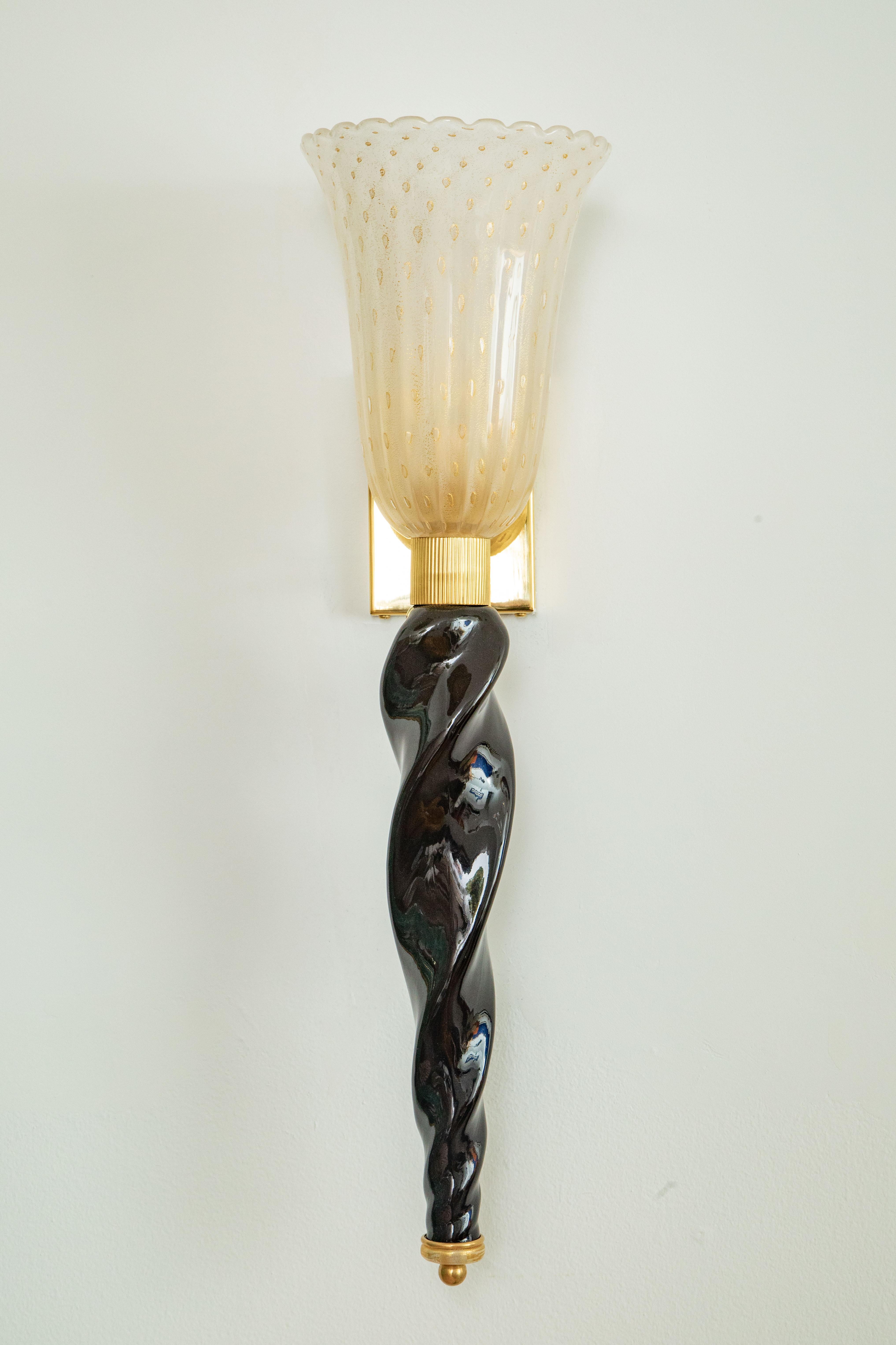 Pair of Art Deco Style Murano Black and Gold Glass Wall Lights, in Stock In New Condition For Sale In Miami, FL