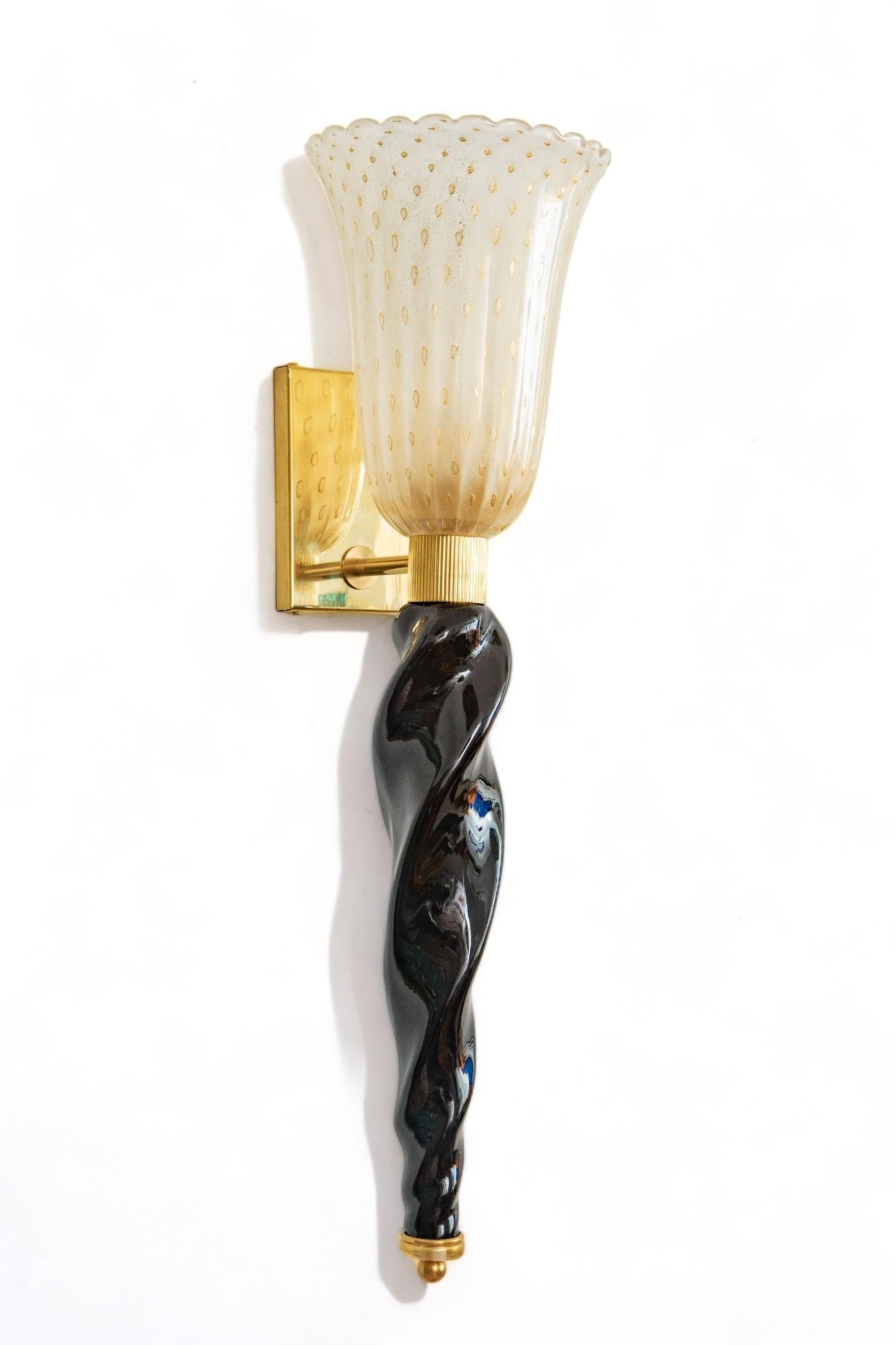 Pair of Art Deco Style Murano Black and Gold Glass Wall Lights, in Stock For Sale 1