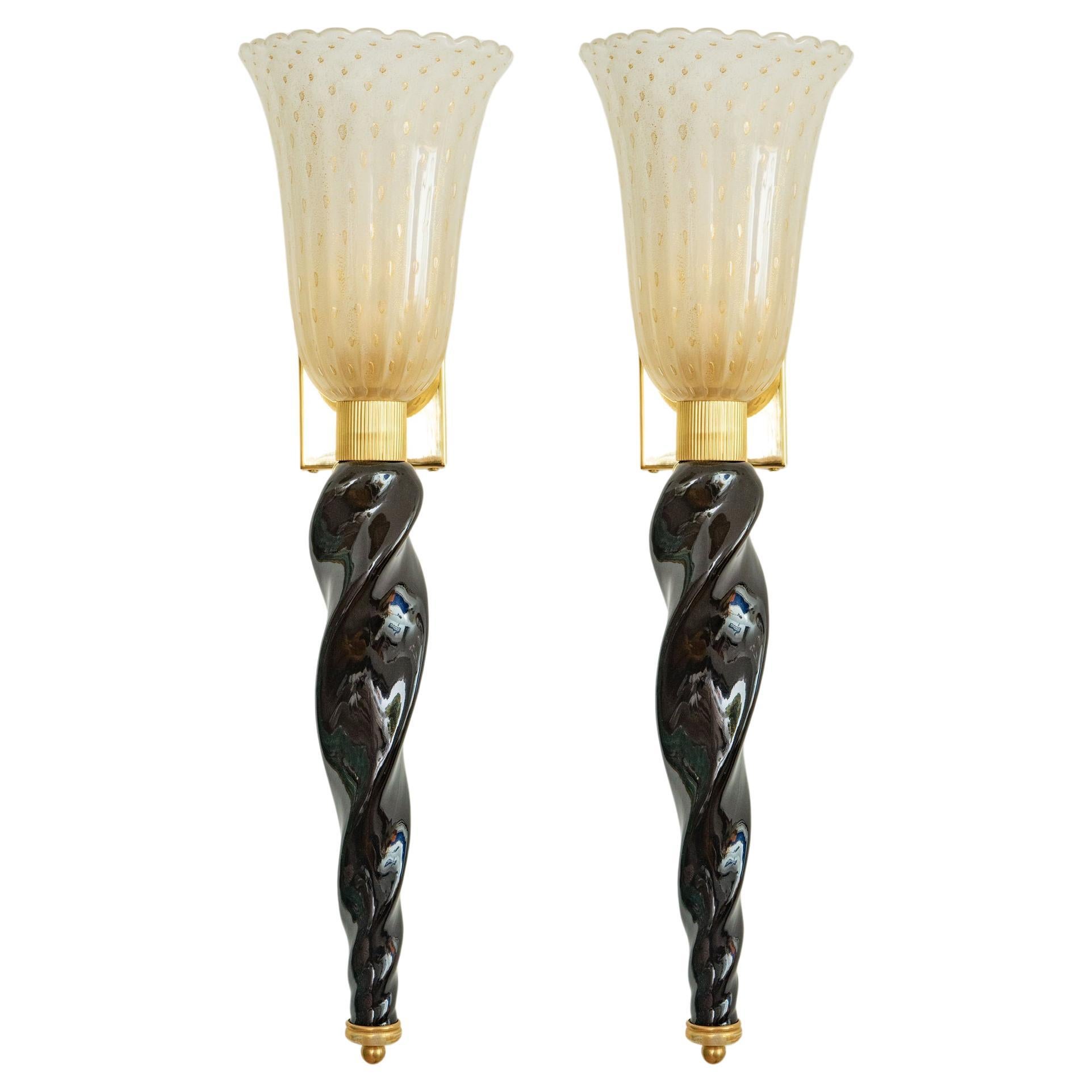 Pair of Art Deco Style Murano Black and Gold Glass Wall Lights, in Stock