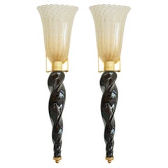 Pair of Art Deco Style Murano Black and Gold Glass Wall Lights, in Stock