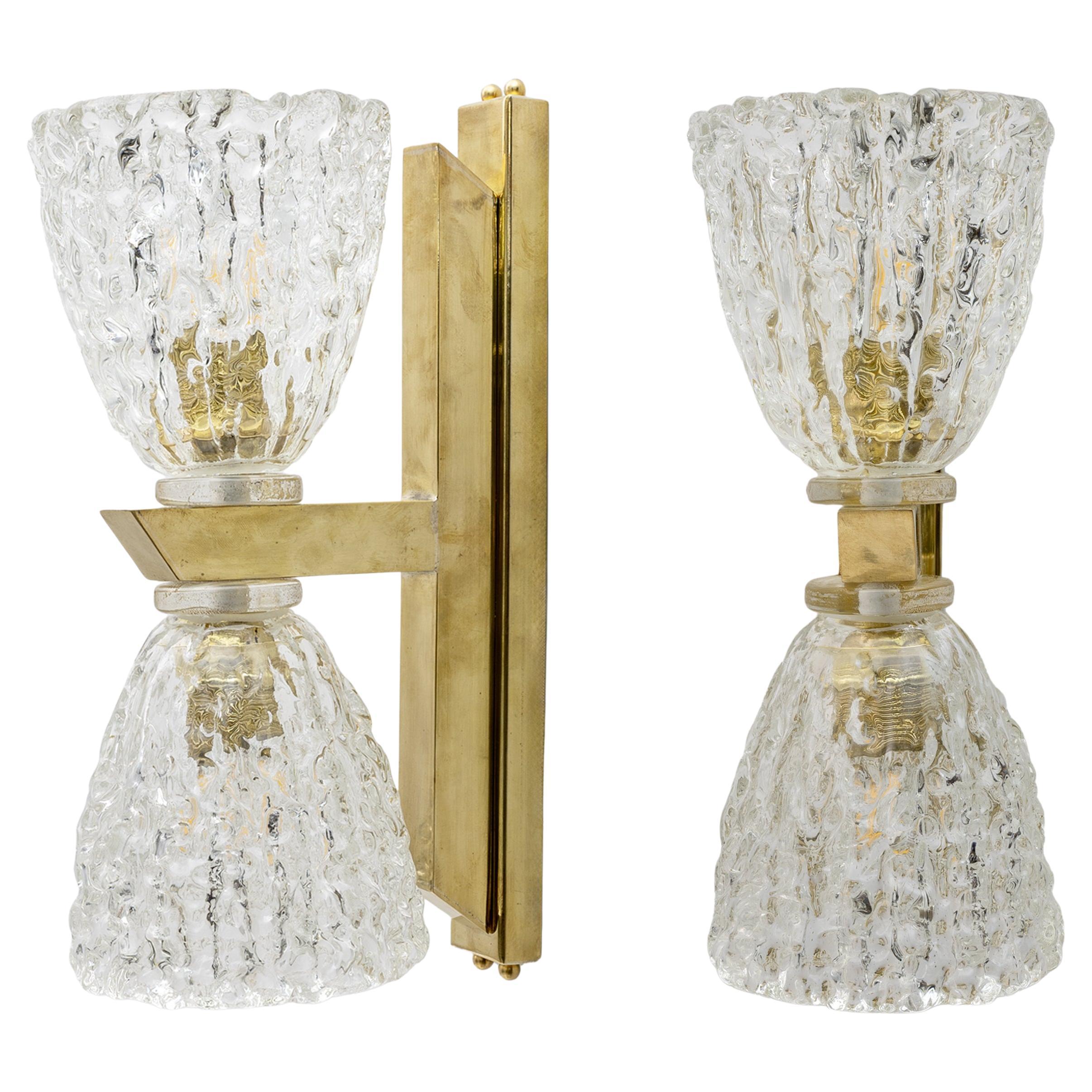 Coppia di lampade in vetro di Murano e ottone in stile Art Déco in vendita
