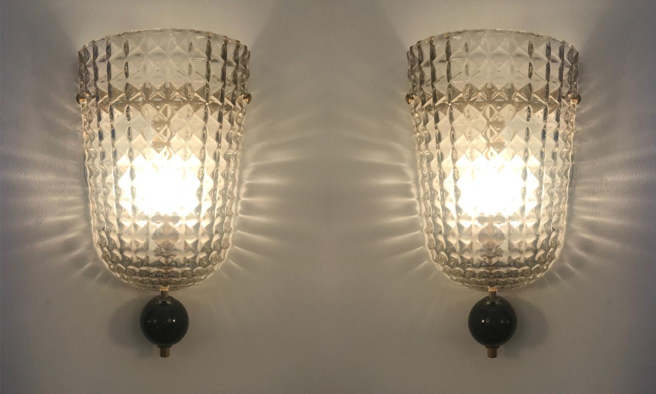 Pair of Art Deco style Murano glass demilune wall sconces, in stock
Black glass sphere and brass fittings.
Textured Murano glass,
Located in our store in Miami ready for shipping.

