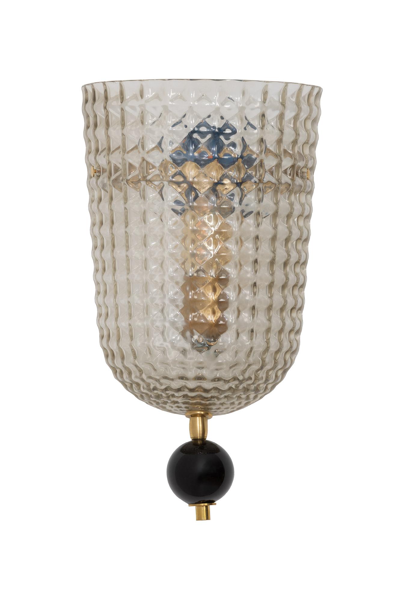Pair of Art Deco style Murano glass demilune wall sconces, in stock
Black glass sphere and brass fittings.
Textured Murano glass,
Wired to the American standard
Located in our store in Miami ready for shipping.
Free shipping Continental US 
Standard