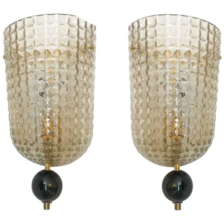 Pair of Art Deco Style Murano Glass Demilune Wall Lights, in Stock
