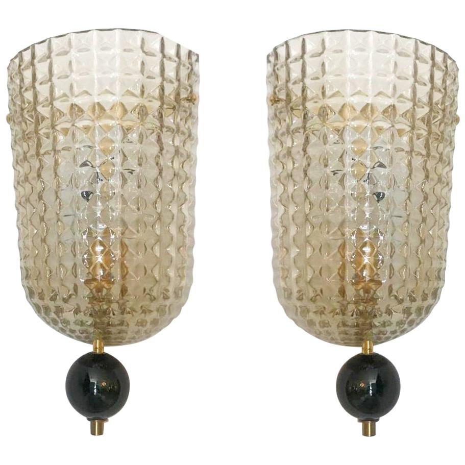 Pair of Art Deco Style Murano Glass Demilune Wall Sconces, in Stock