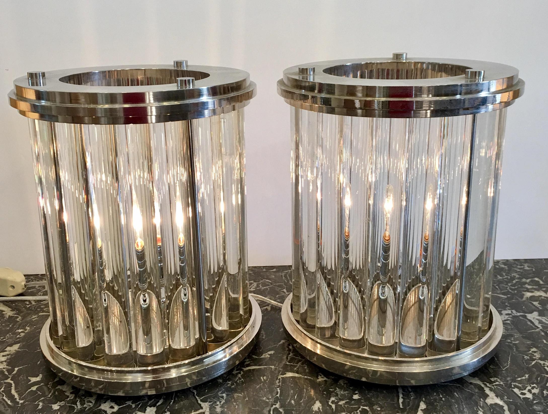Pair of Art Deco Style Nickel-Plated Glass Rod Modernist Lamps by Randy Esada In Good Condition For Sale In LOS ANGELES, CA