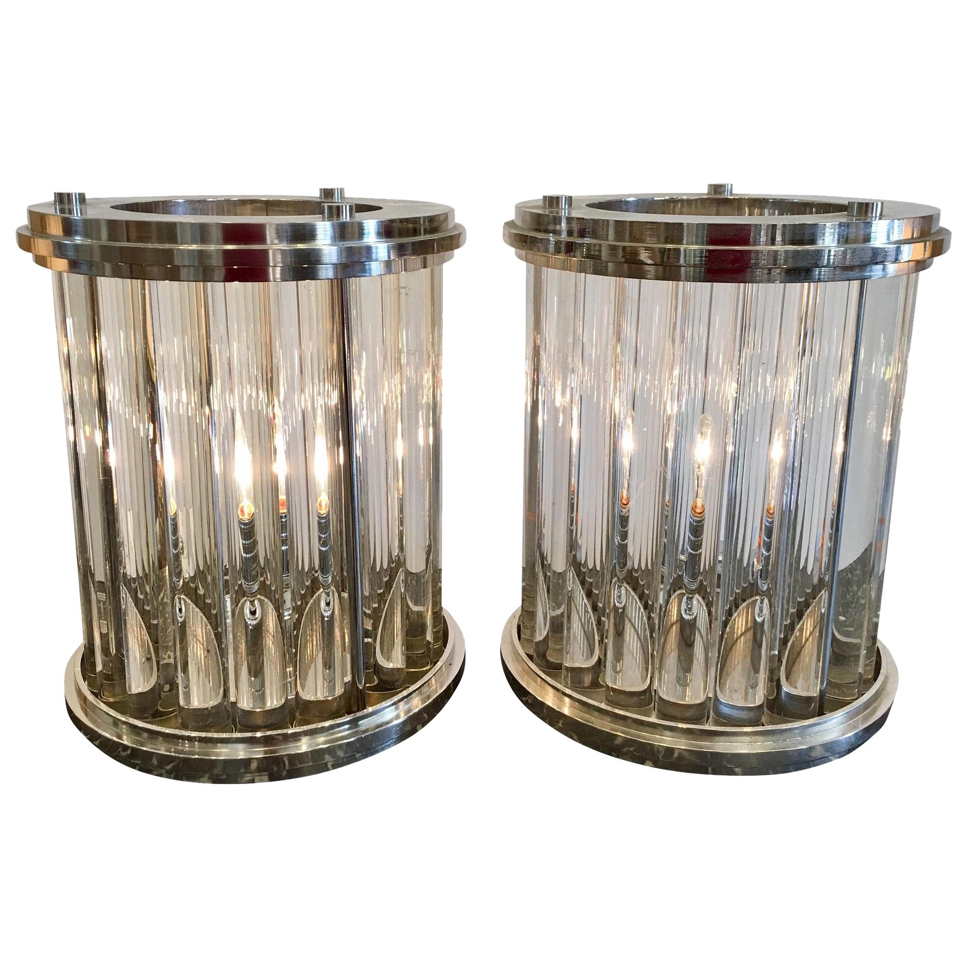 Pair of Art Deco Style Nickel-Plated Glass Rod Modernist Lamps by Randy Esada For Sale