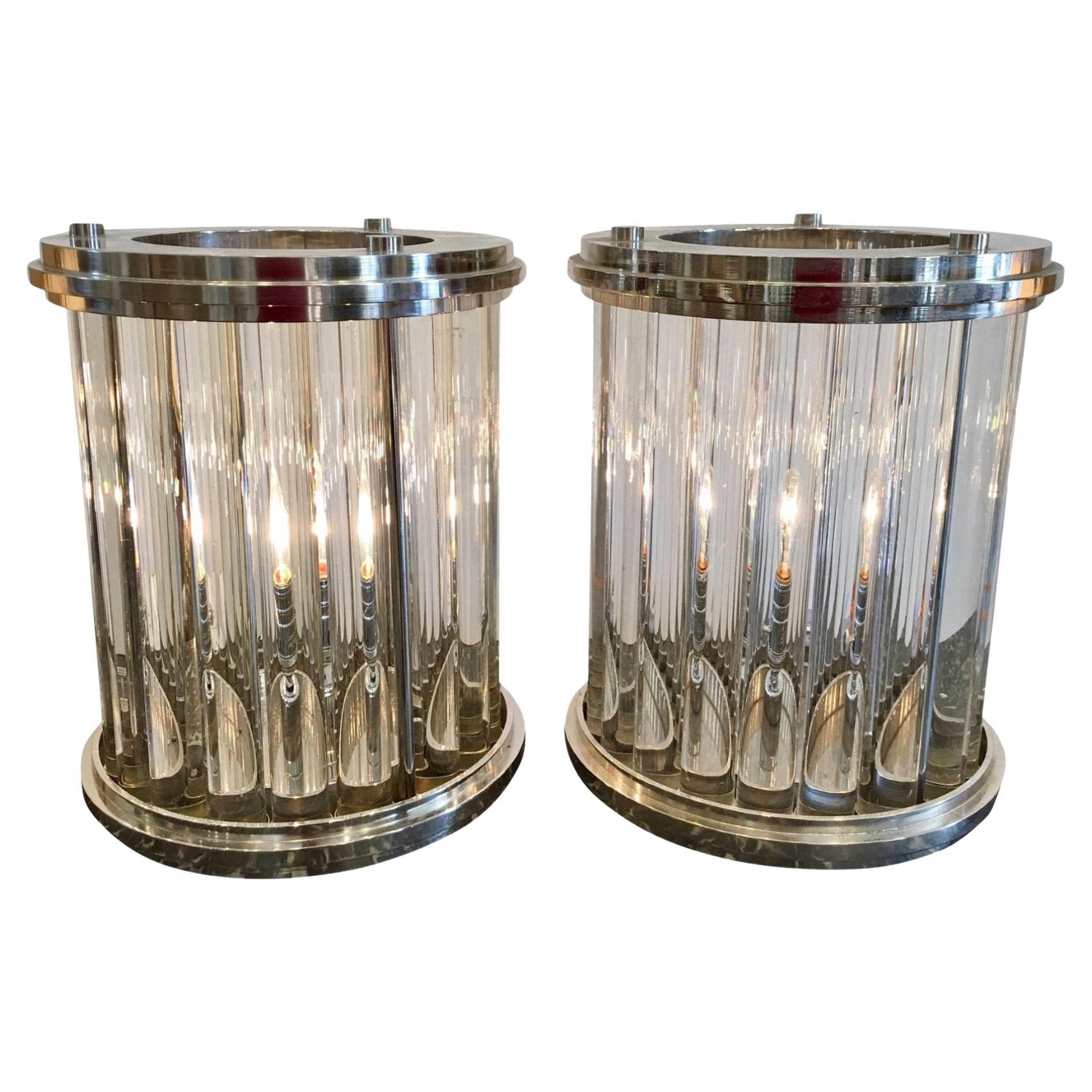 Pair of Art Deco Style Nickel-Plated Glass Rod Modernist Lamps by Randy Esada For Sale