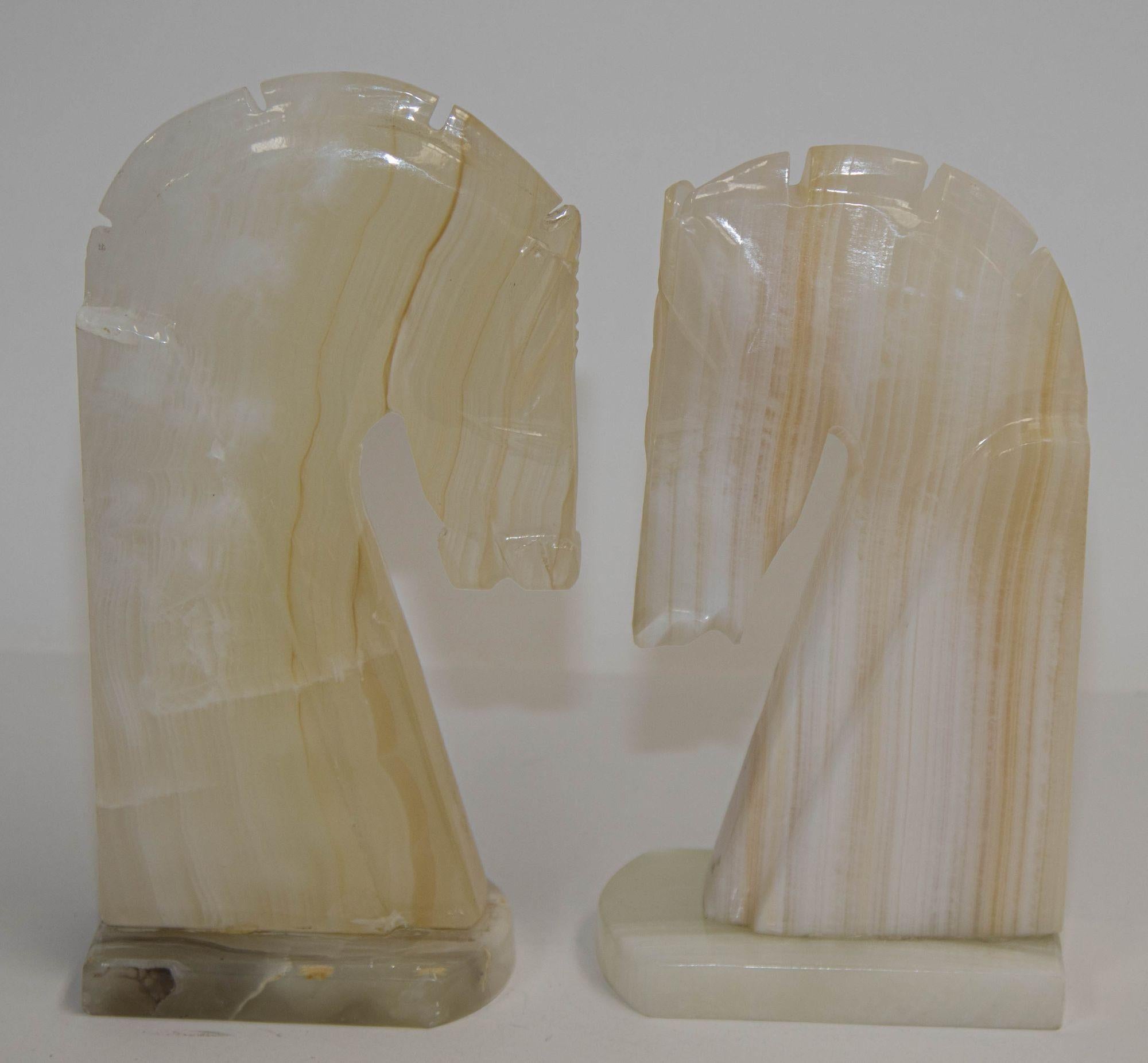 Italian Pair of Art Deco Style Onyx Horses Heads Bookends