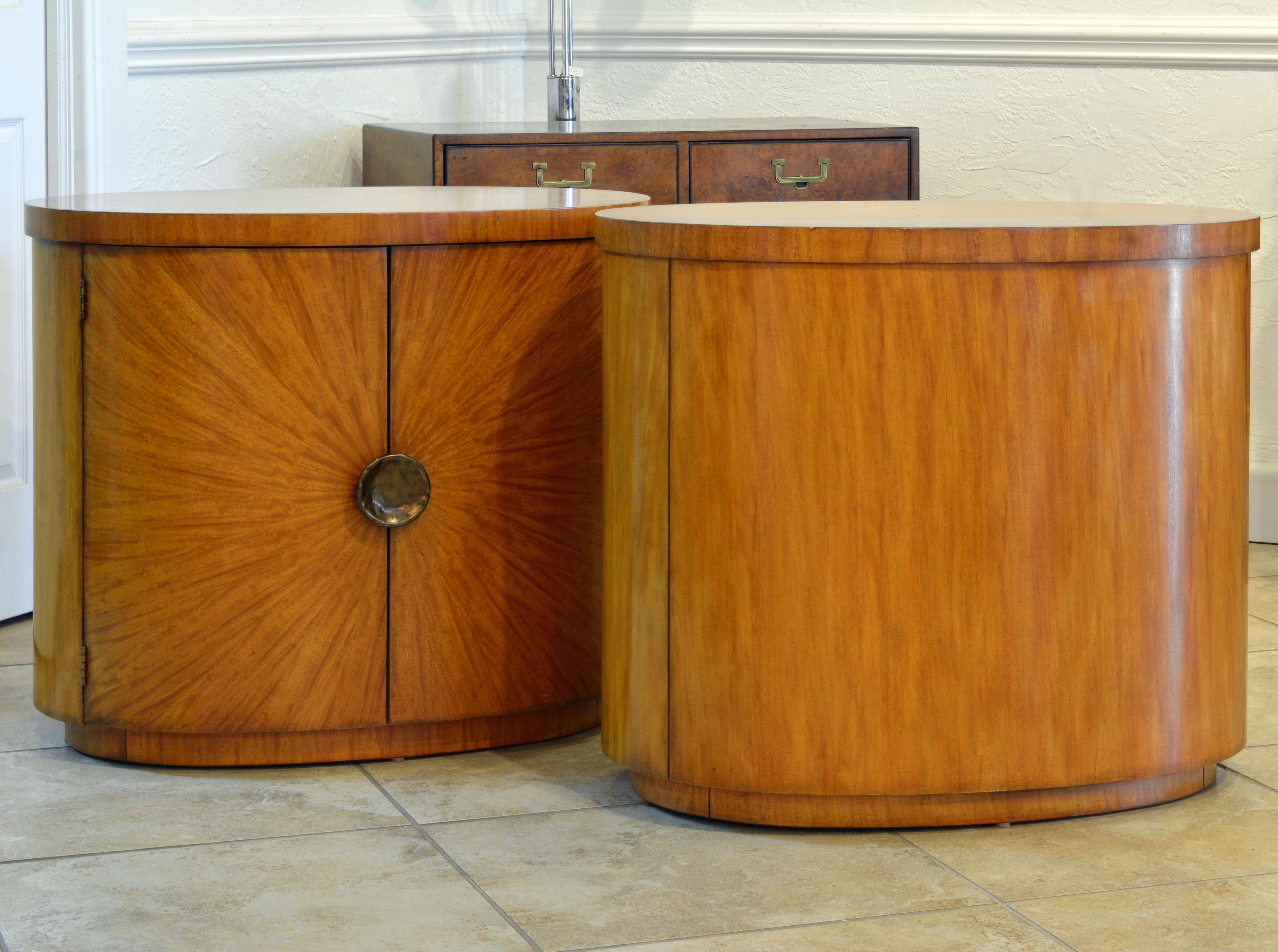 Brass Pair of Art Deco Style Oval Mahogany Cabinet-Tables Inspired by Andre Arbus