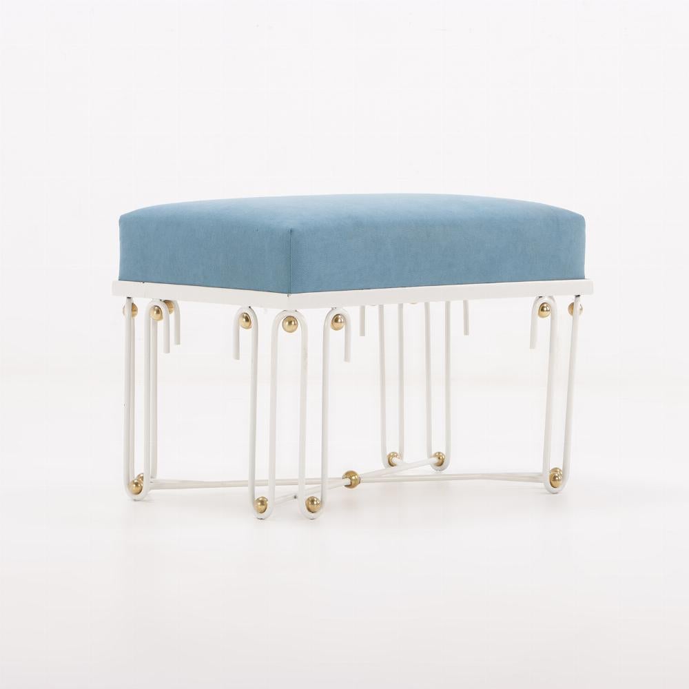 Pair of Art Deco style painted iron and bronze benches in the style of Jean Royère's Ondulation series. This sculptural set has newly upholstered seats. Contemporary.