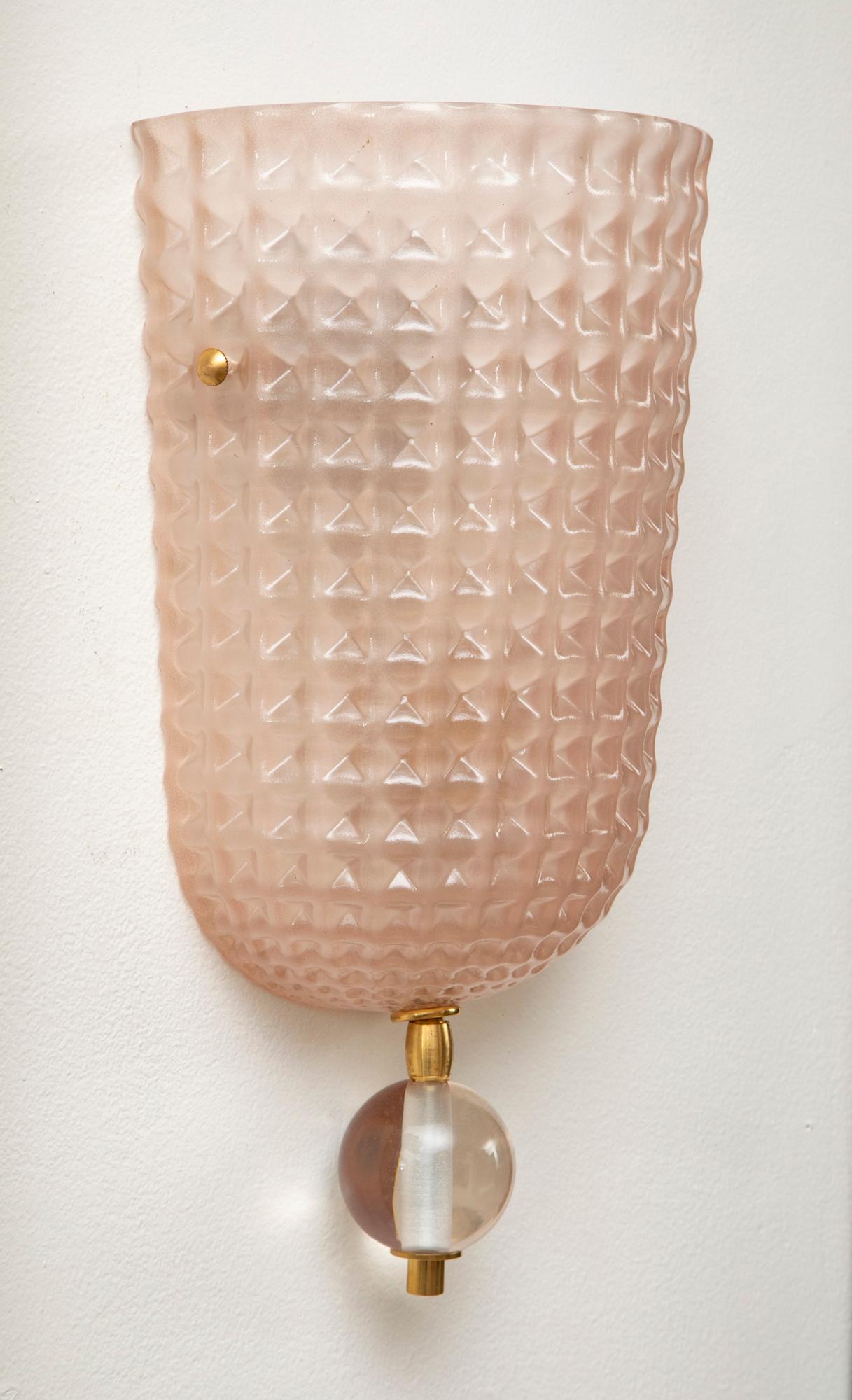 Italian Pair of Art Deco Style Pink Murano Glass Demilune Wall Lights, in Stock For Sale