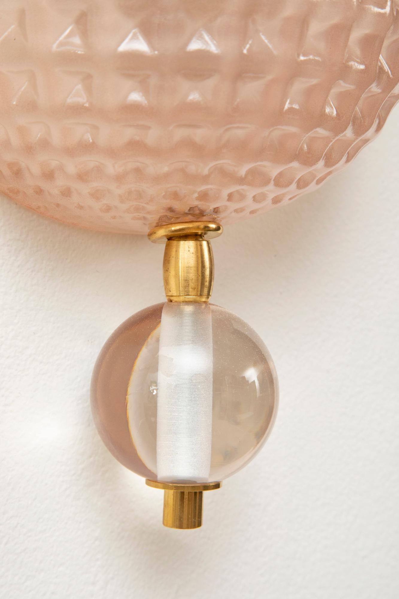 Pair of Art Deco Style Pink Murano Glass Demilune Wall Lights, in Stock In New Condition For Sale In Miami, FL