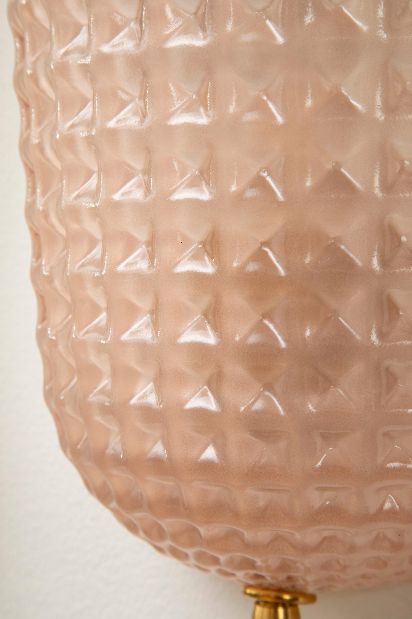 Brass Pair of Art Deco Style Pink Murano Glass Demilune Wall Lights, in Stock For Sale