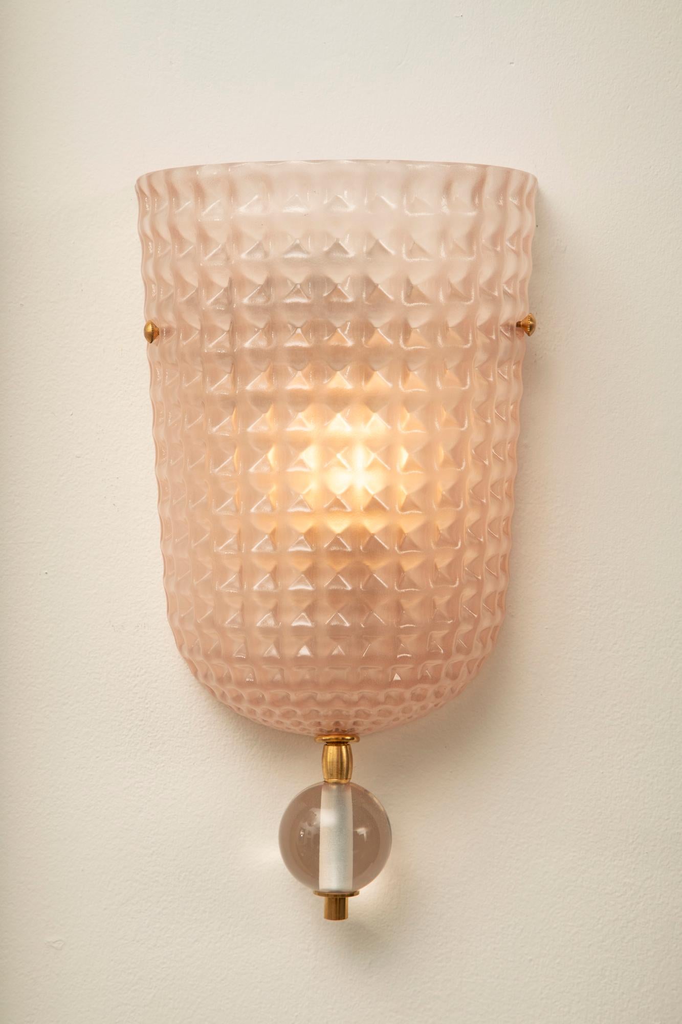 Pair of Art Deco Style Pink Murano Glass Demilune Wall Lights, in Stock For Sale 1