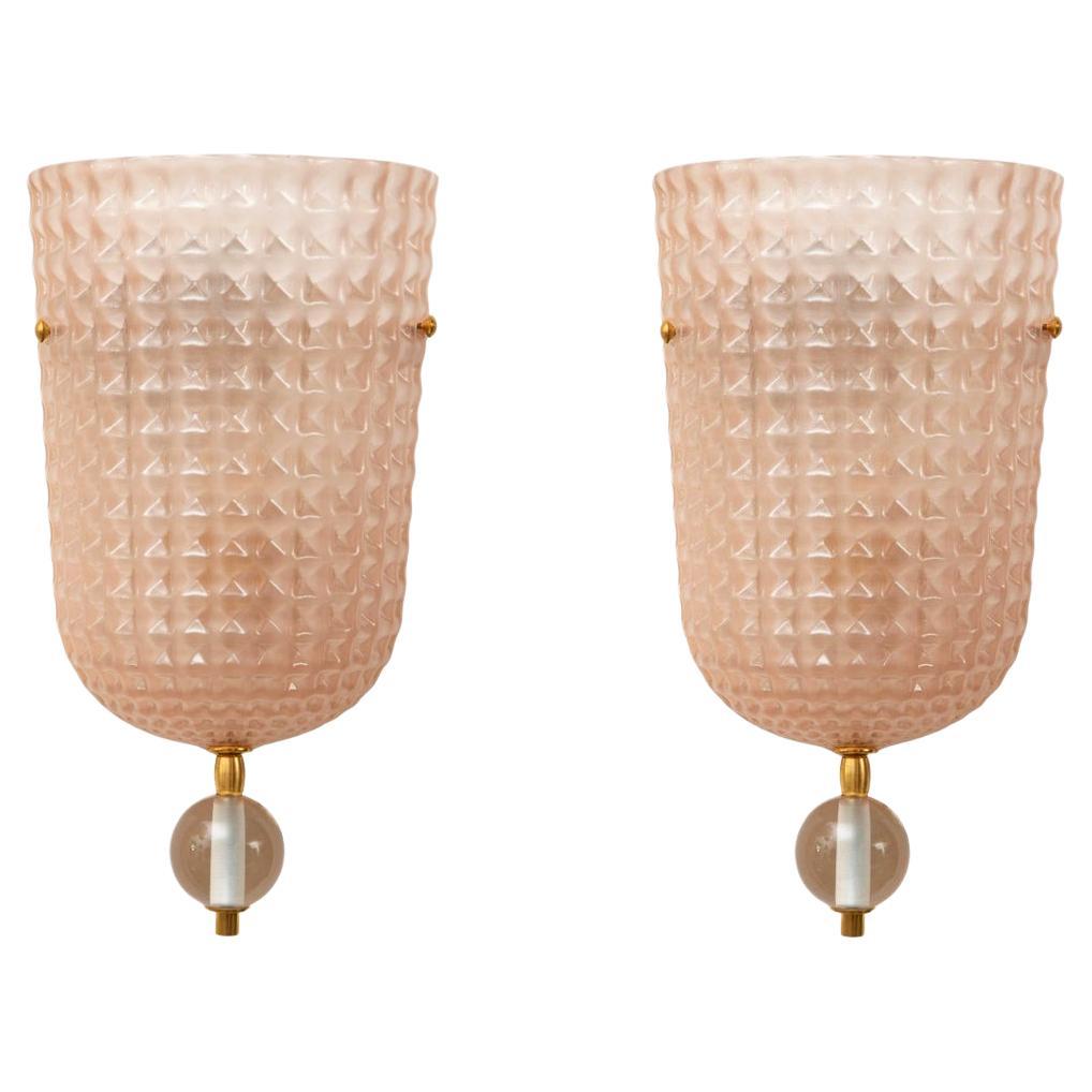 Paar Art Deco Stil Rosa Murano Glas Demilune Wall Lights, auf Lager