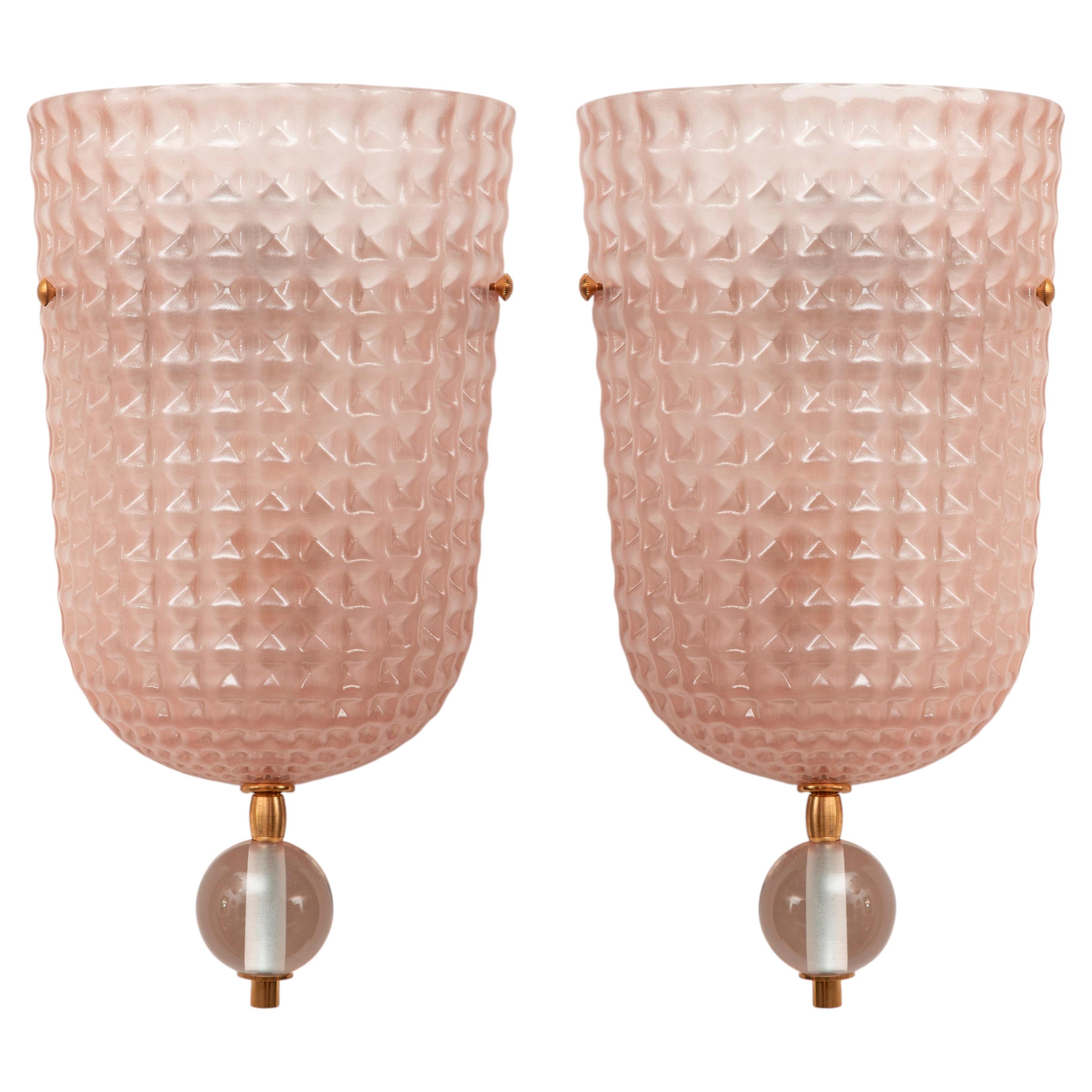 Pair of Art Deco Style Pink Murano Glass Demilune Wall Lights, in Stock