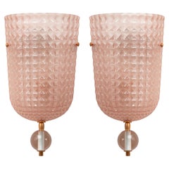 Pair of Art Deco Style Pink Murano Glass Demilune Wall Lights, in Stock