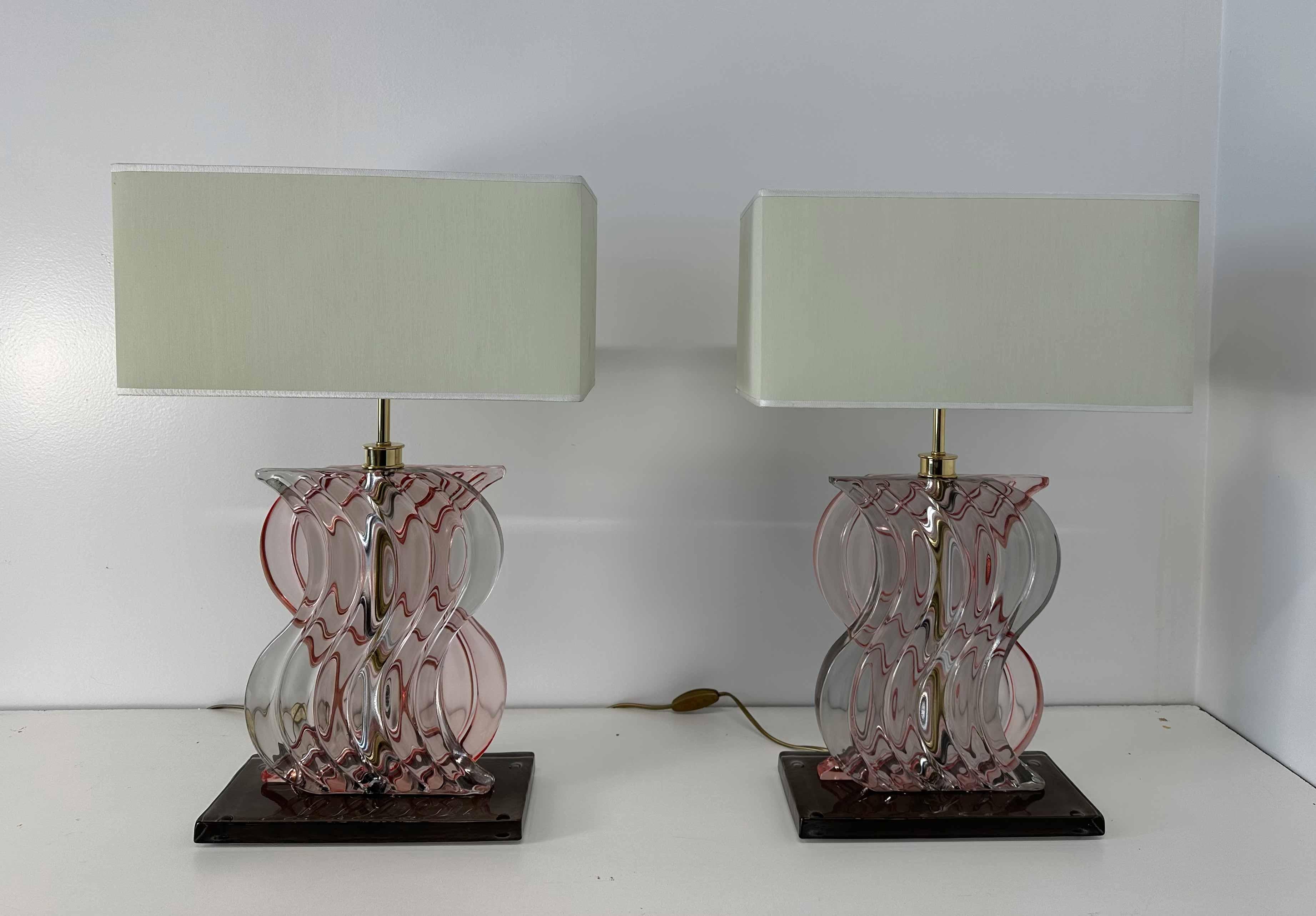 Italian Pair of Art Deco Style Pink Murano Glass Table Lamps  For Sale