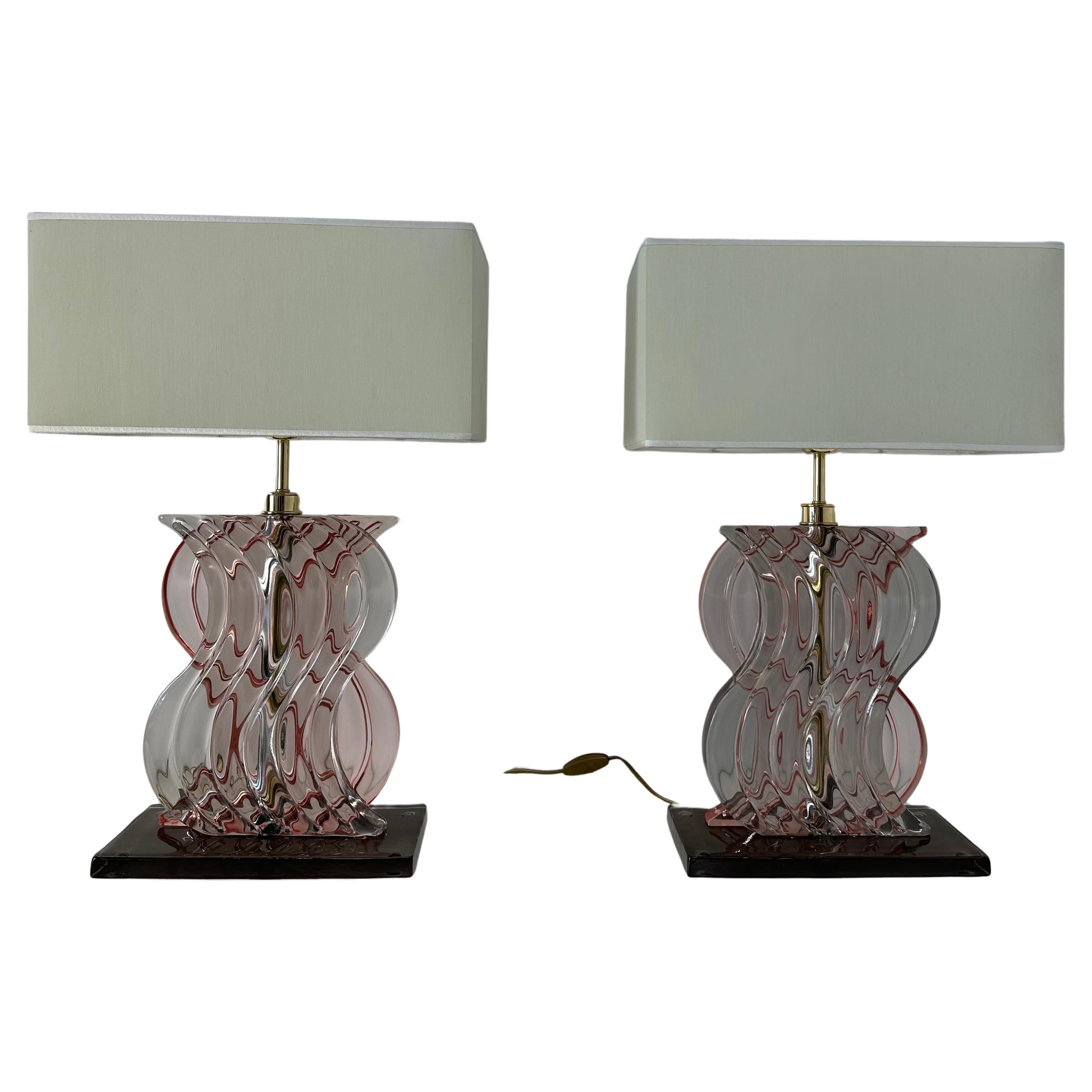 Paar rosa Murano-Glas-Tischlampen im Art-Déco-Stil 