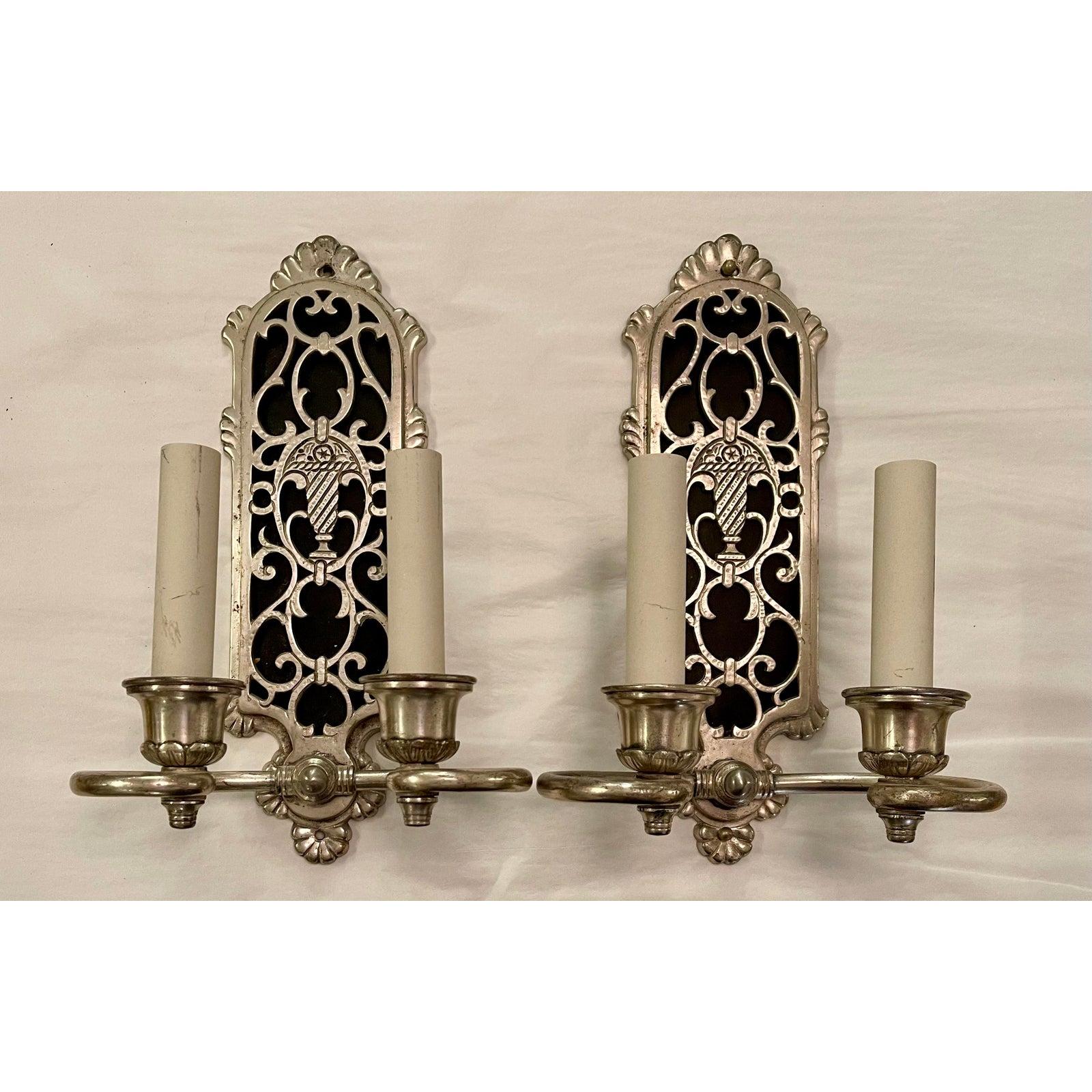 Metal Pair of Art Deco Style Remains Lighting Silver Wall Light Sconce For Sale