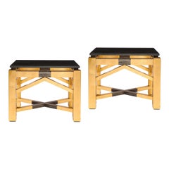 Pair of Art Deco Style "Roark" Gilded End Tables w/ Granite Tops by Lorin Marsh