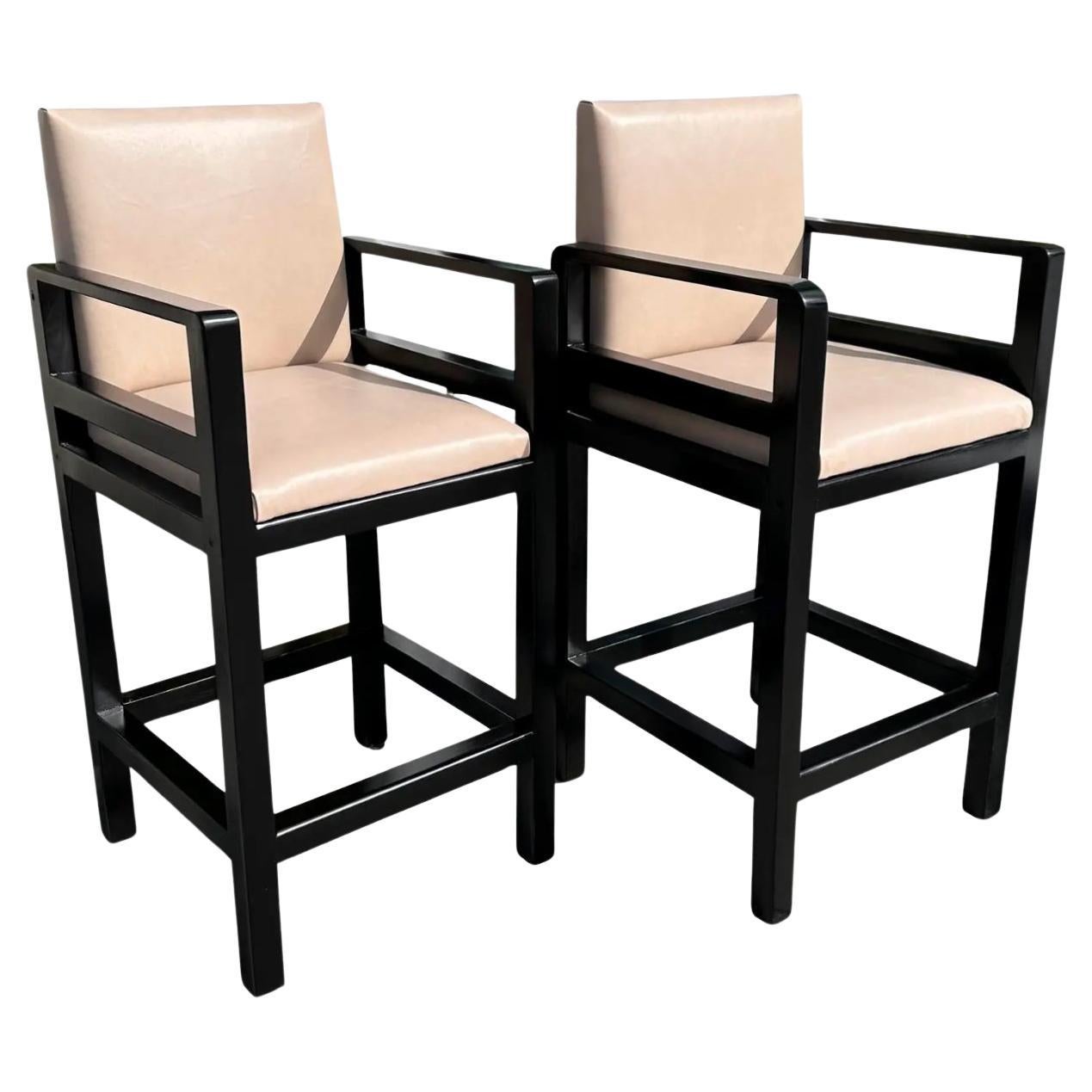 Pair of Art Deco Style Rose Tarlow Melrose House Leather Barstools For Sale