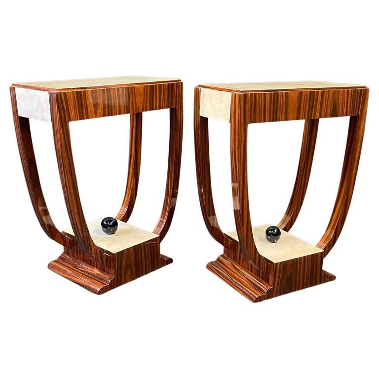 Italian Pair of Art Deco Style Rosewood and Parchment Side Tables