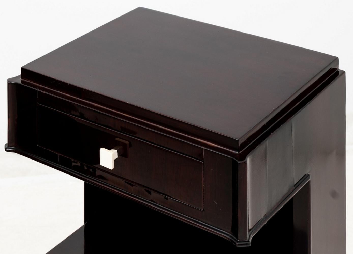 Pair of Art Deco Style Rosewood Nightstands, Side or End tables, with pull out drawer above two shelves. 28.5