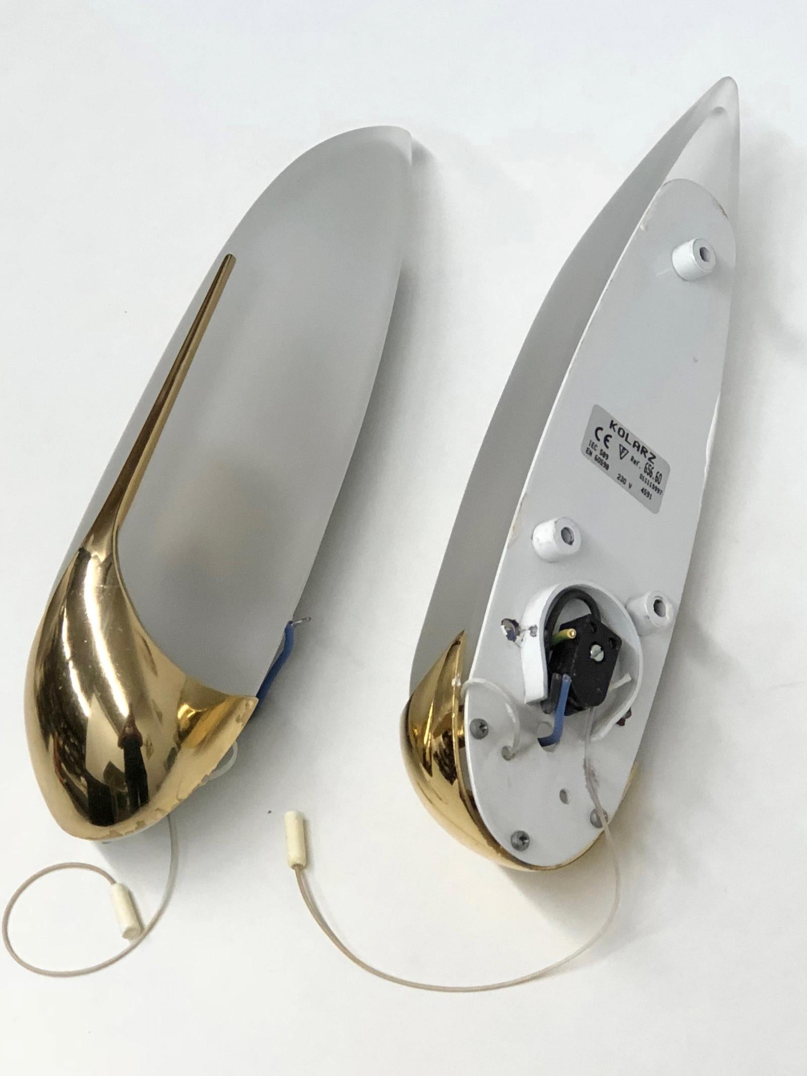 Austrian Pair of Art Deco Style Sconces Brass and Satin Glass Vintage, Austria, 1980s