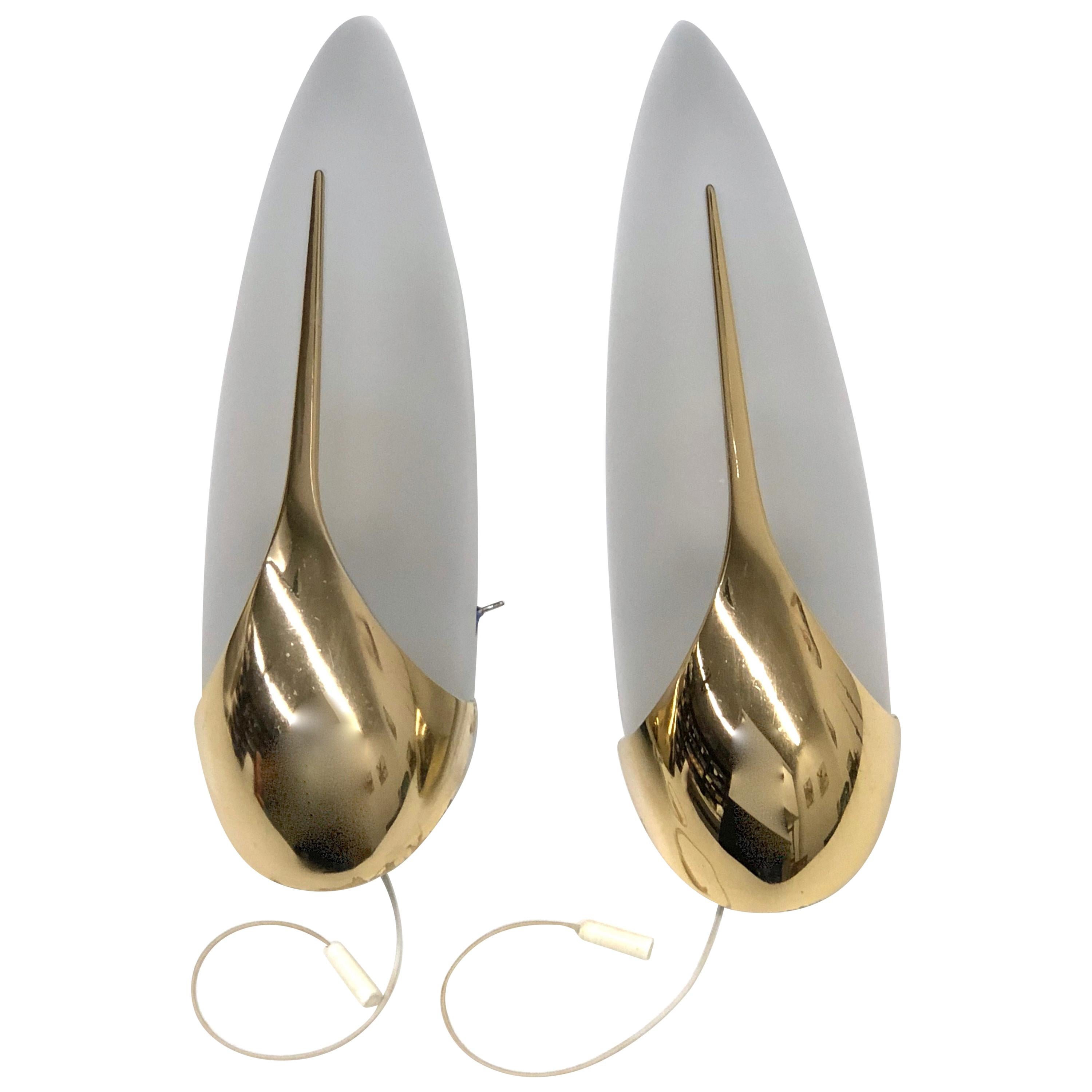 Pair of Art Deco Style Sconces Brass and Satin Glass Vintage, Austria, 1980s