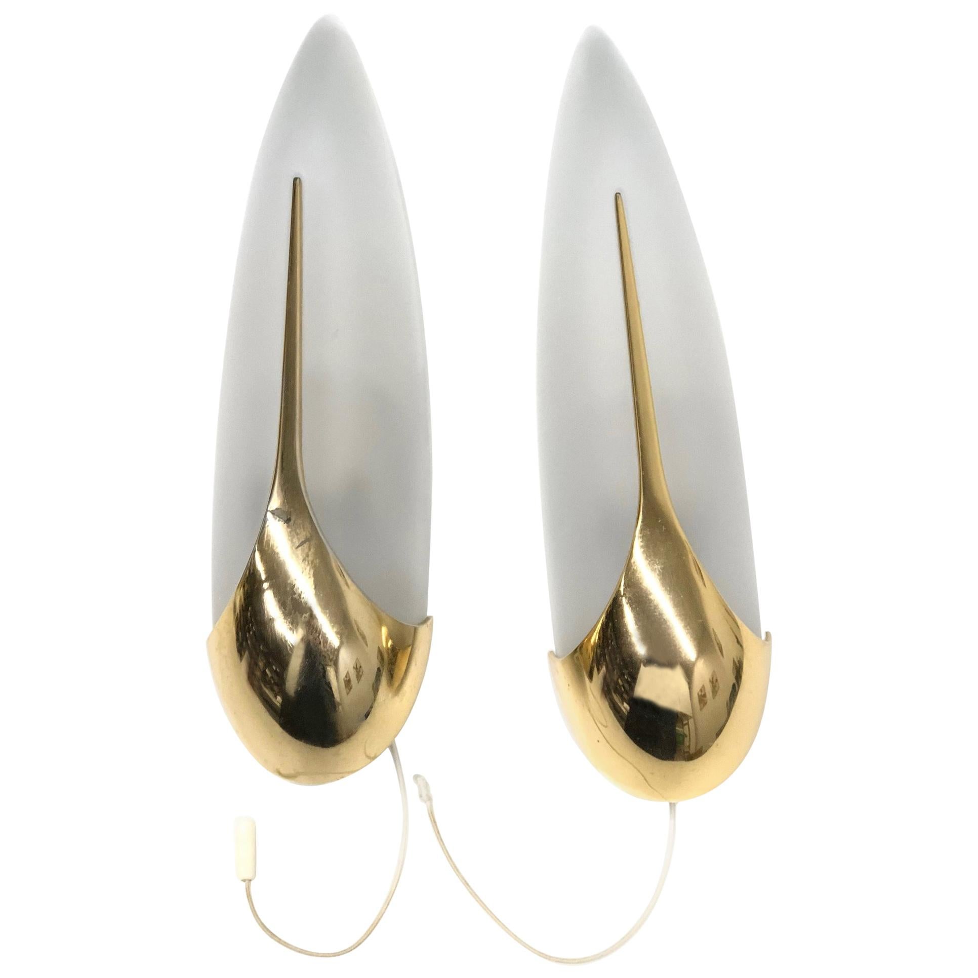 Pair of Art Deco Style Sconces Brass and Satin Glass Vintage, Austria, 1980s For Sale