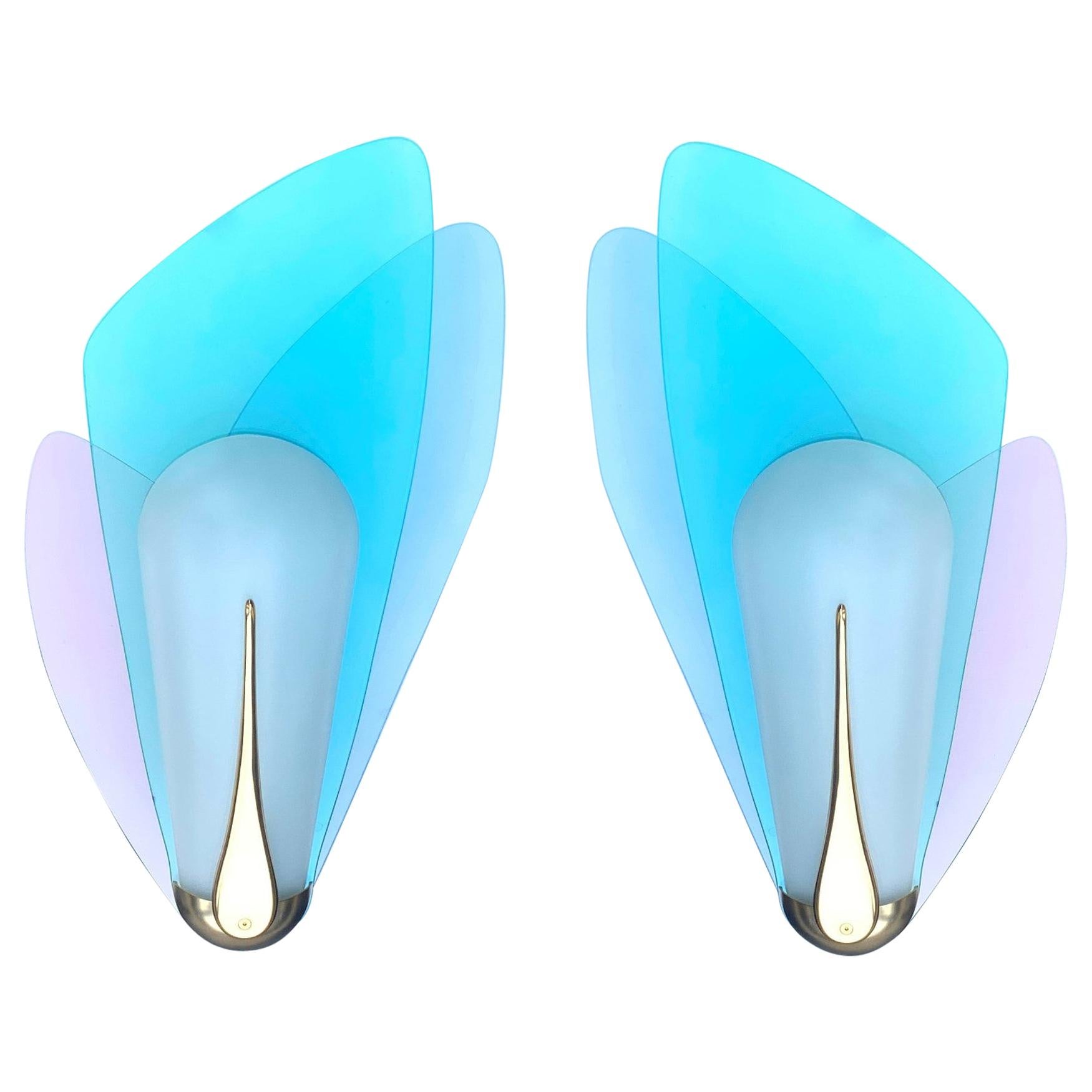 Pair of Art Deco Style Sconces with Colored Glasses For Sale