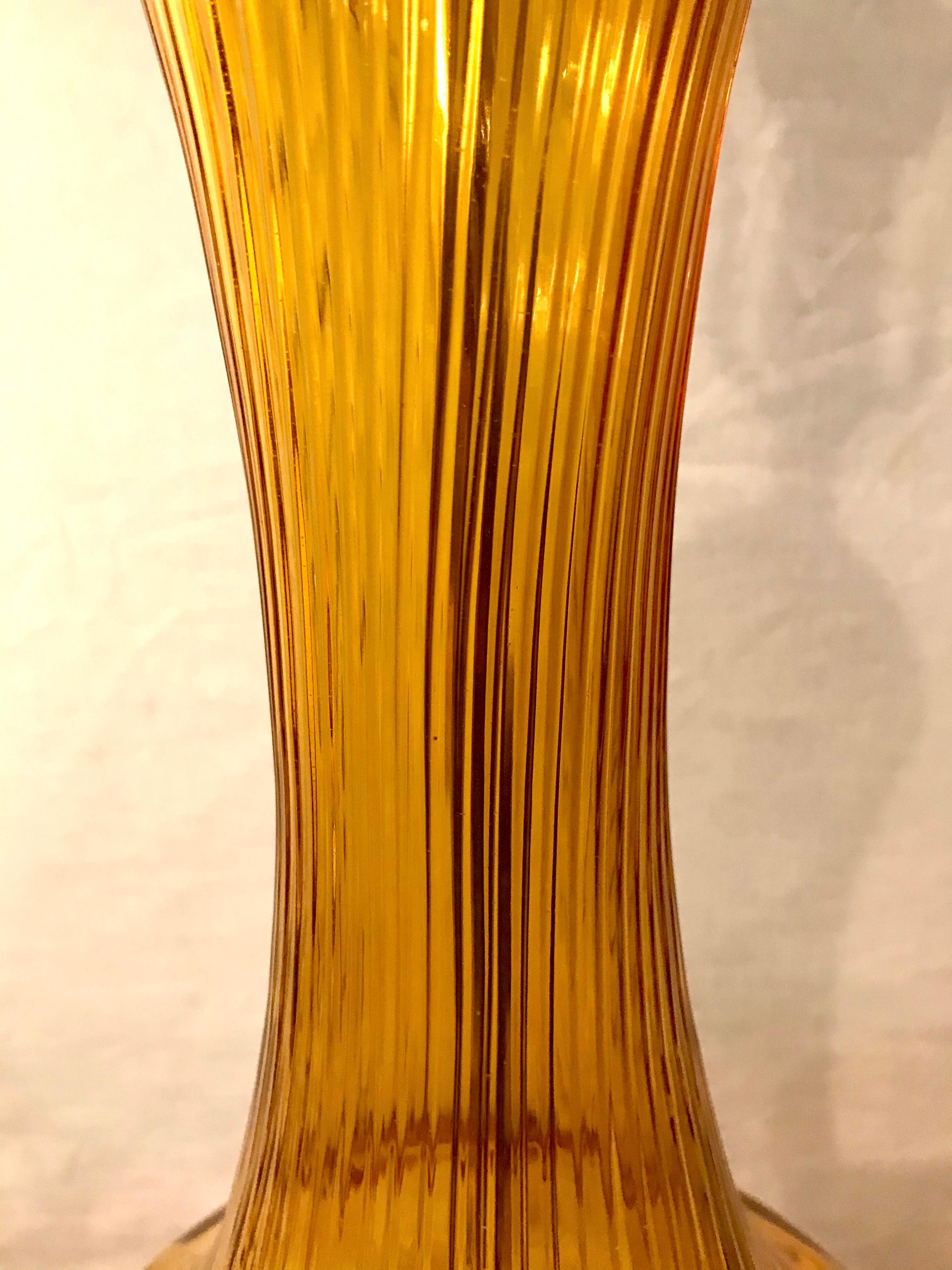Late 20th Century Pair of Art Deco Style Sculpted Amber Glass Lamps