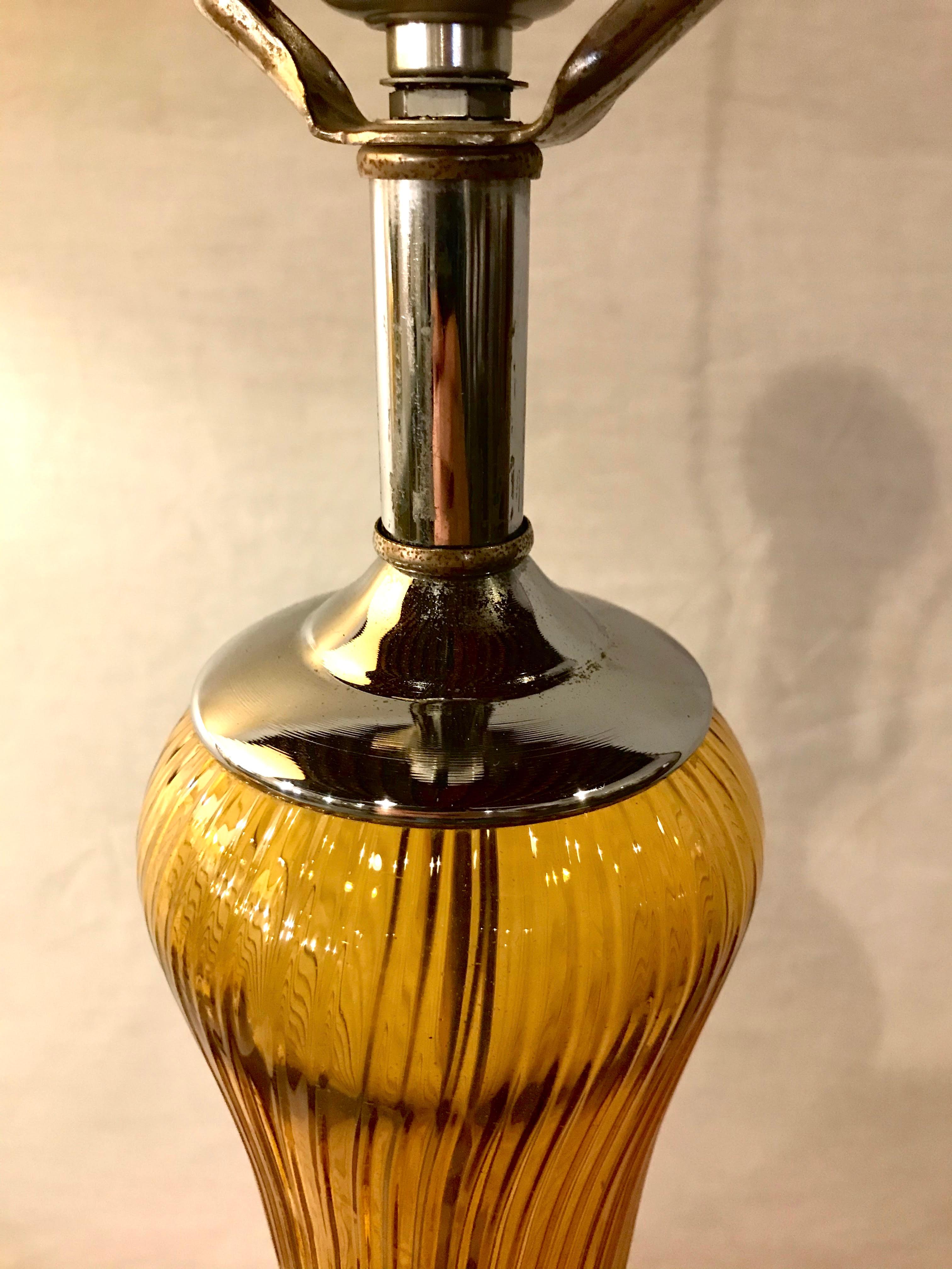 Pair of Art Deco Style Sculpted Amber Glass Lamps 1