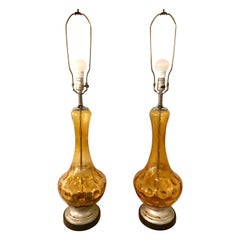 Pair of Art Deco Style Sculpted Amber Glass Lamps