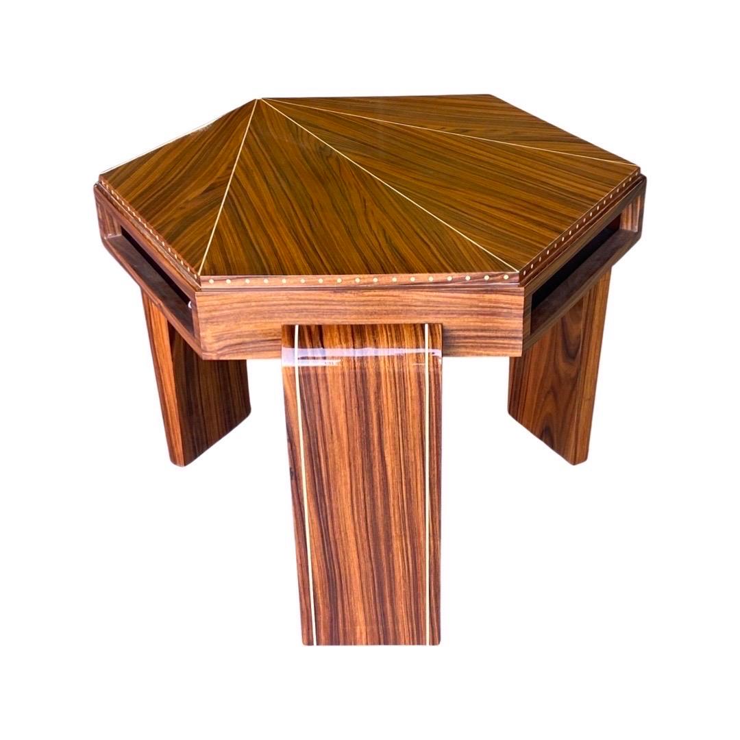 A beautiful pair of Art Deco side tables made of blonde rosewood with a geometrical pattern of inlay lines on top.
Made in France. 
Circa: 1990