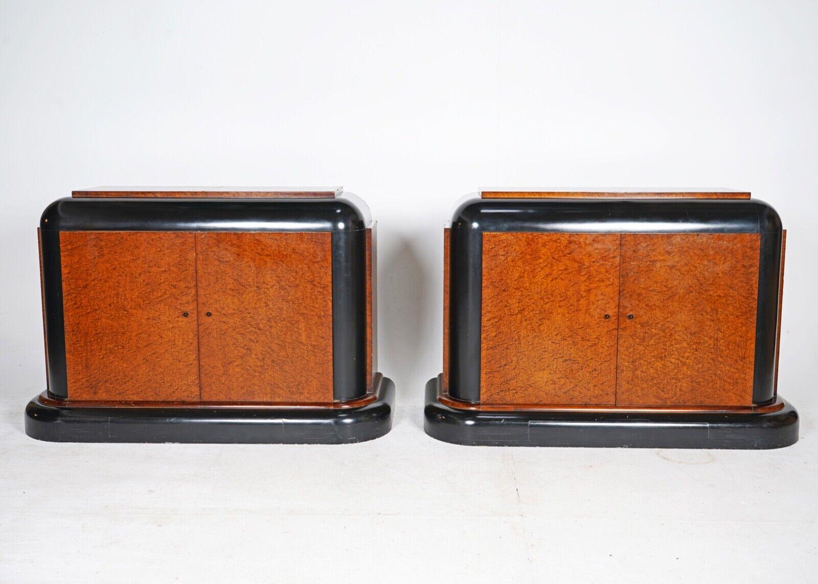  pair of matched sideboards in the Art Deco style with birds eye maple veneer top. 
We believe these were most probably shop fittings from a London department store made in the 80's. 
 Solid and very well made.
From the outside they are both