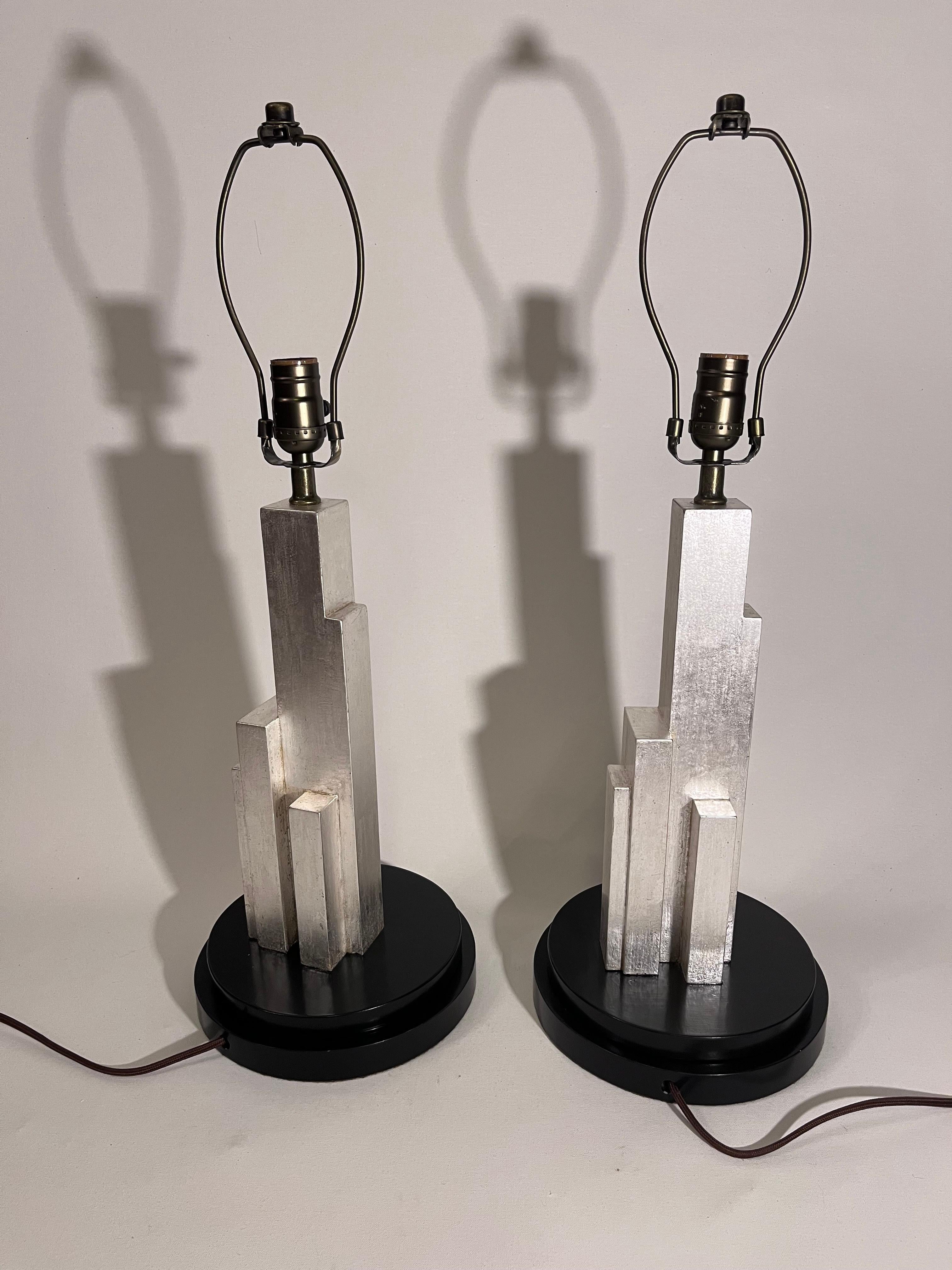 Futurist Pair of Art Deco Style Silver Skyscraper Lamps in the Manner of Donald Deskey For Sale