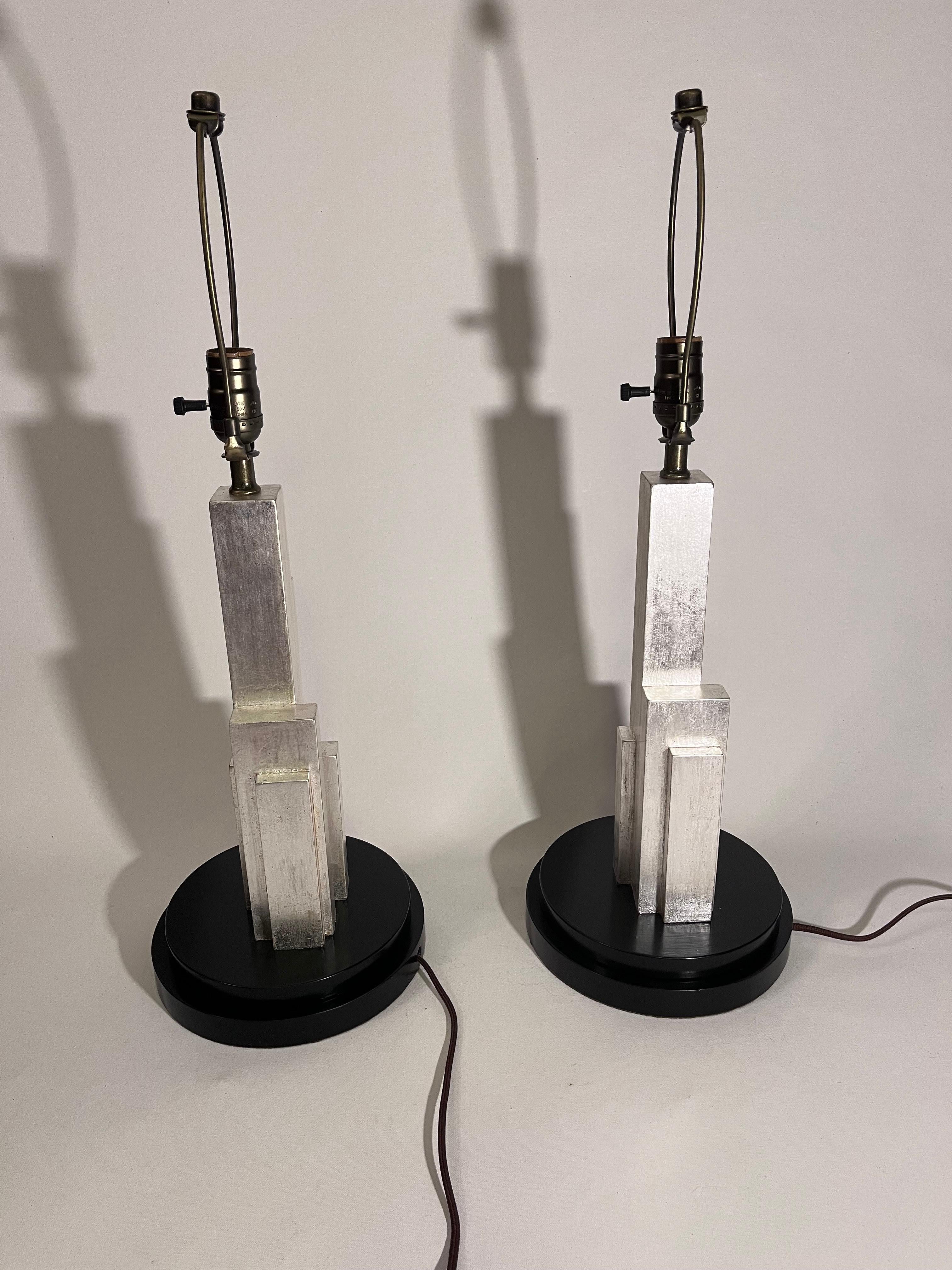 Pair of Art Deco Style Silver Skyscraper Lamps in the Manner of Donald Deskey In Good Condition For Sale In Red Lion, PA