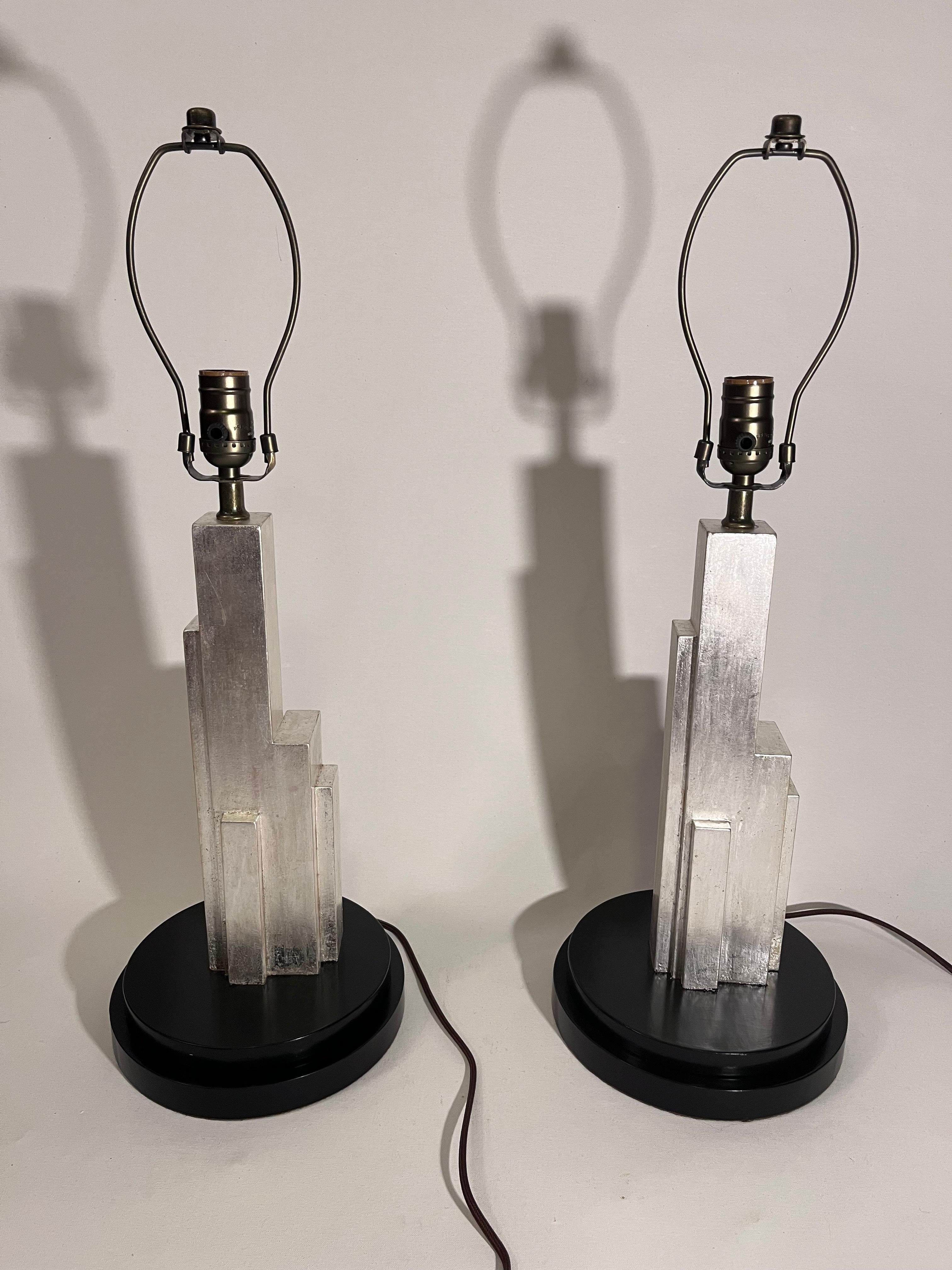 20th Century Pair of Art Deco Style Silver Skyscraper Lamps in the Manner of Donald Deskey For Sale
